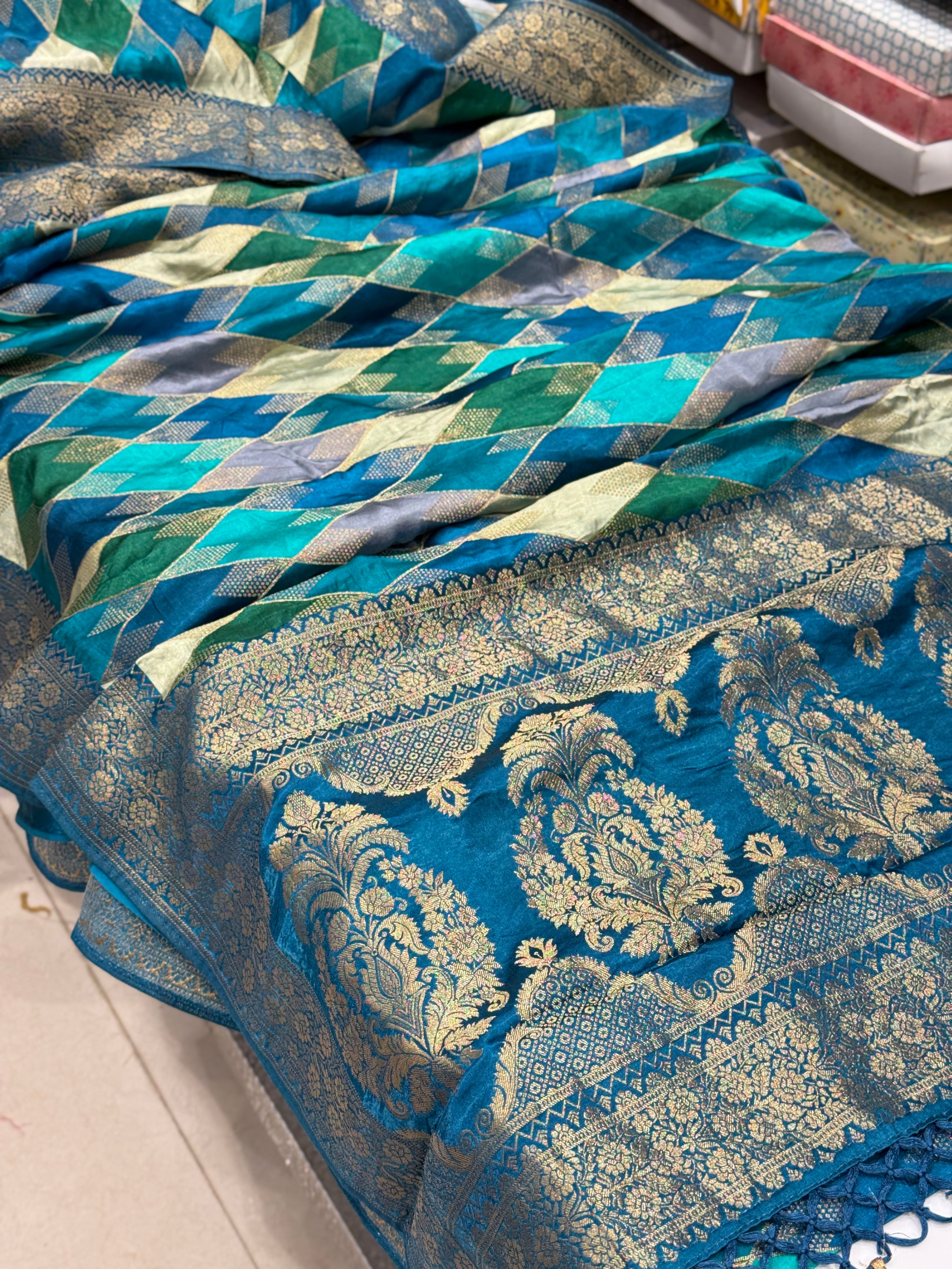 Rama Blue Contemporary Kaju Katli Design Banarasi Modal Satin Rangkat Saree