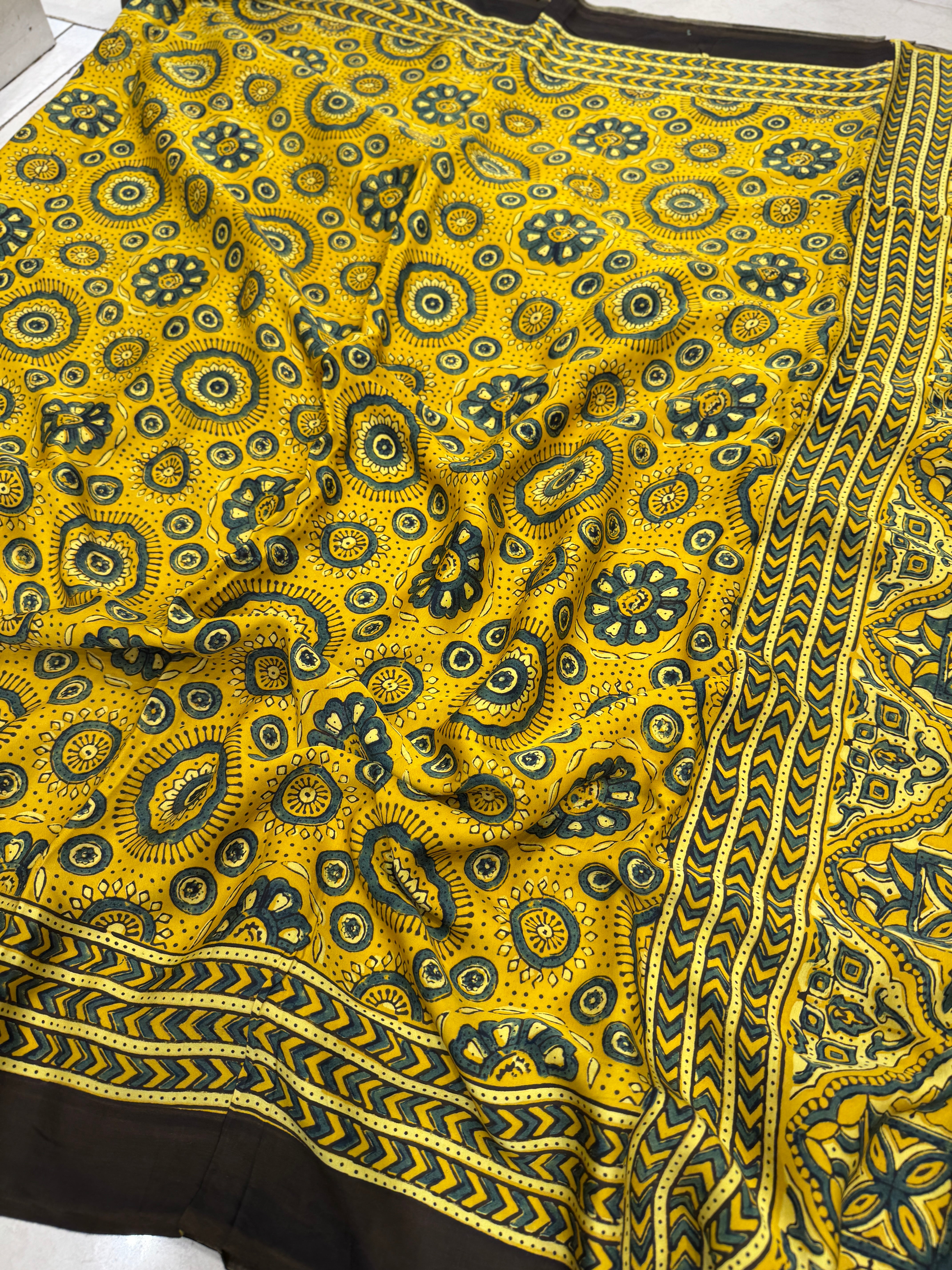 Yellow Floral Butta Pattern Ajrakh Hand Block Print Pure Gajji Silk Saree