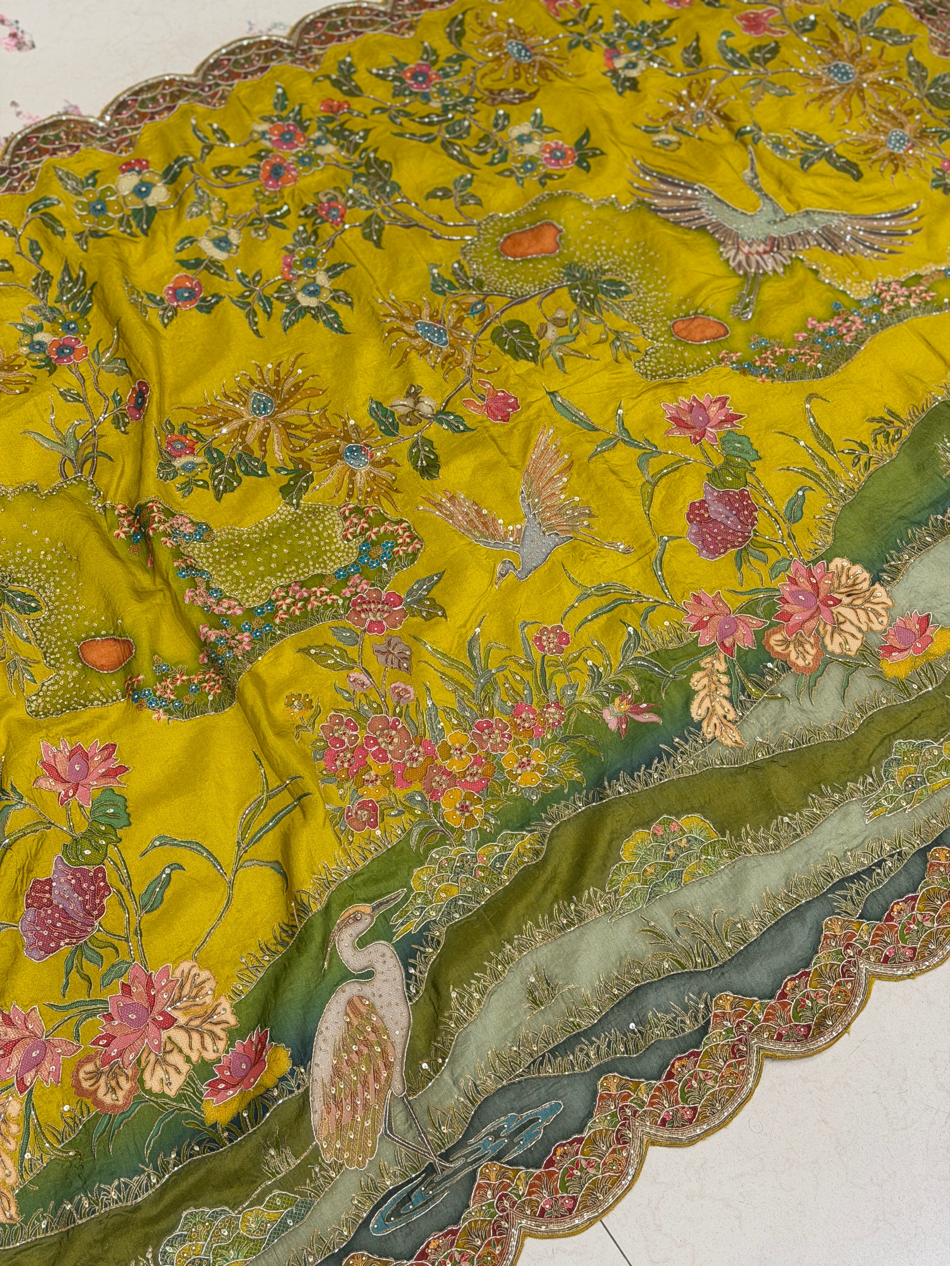 Yellow Munga Canvas Hand Embroidery Saree