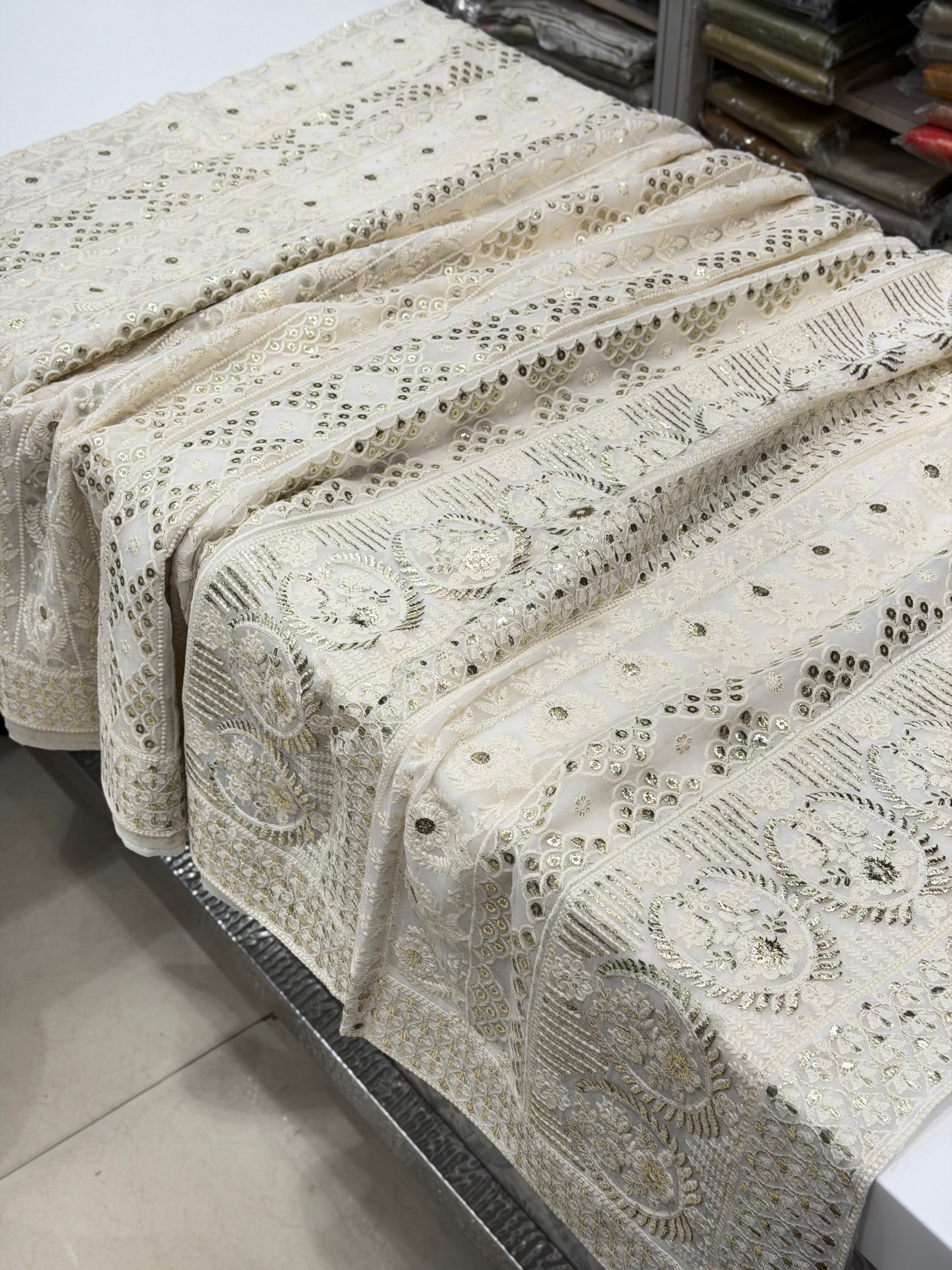 White Chikankari Mukaish Pita Georgette Saree