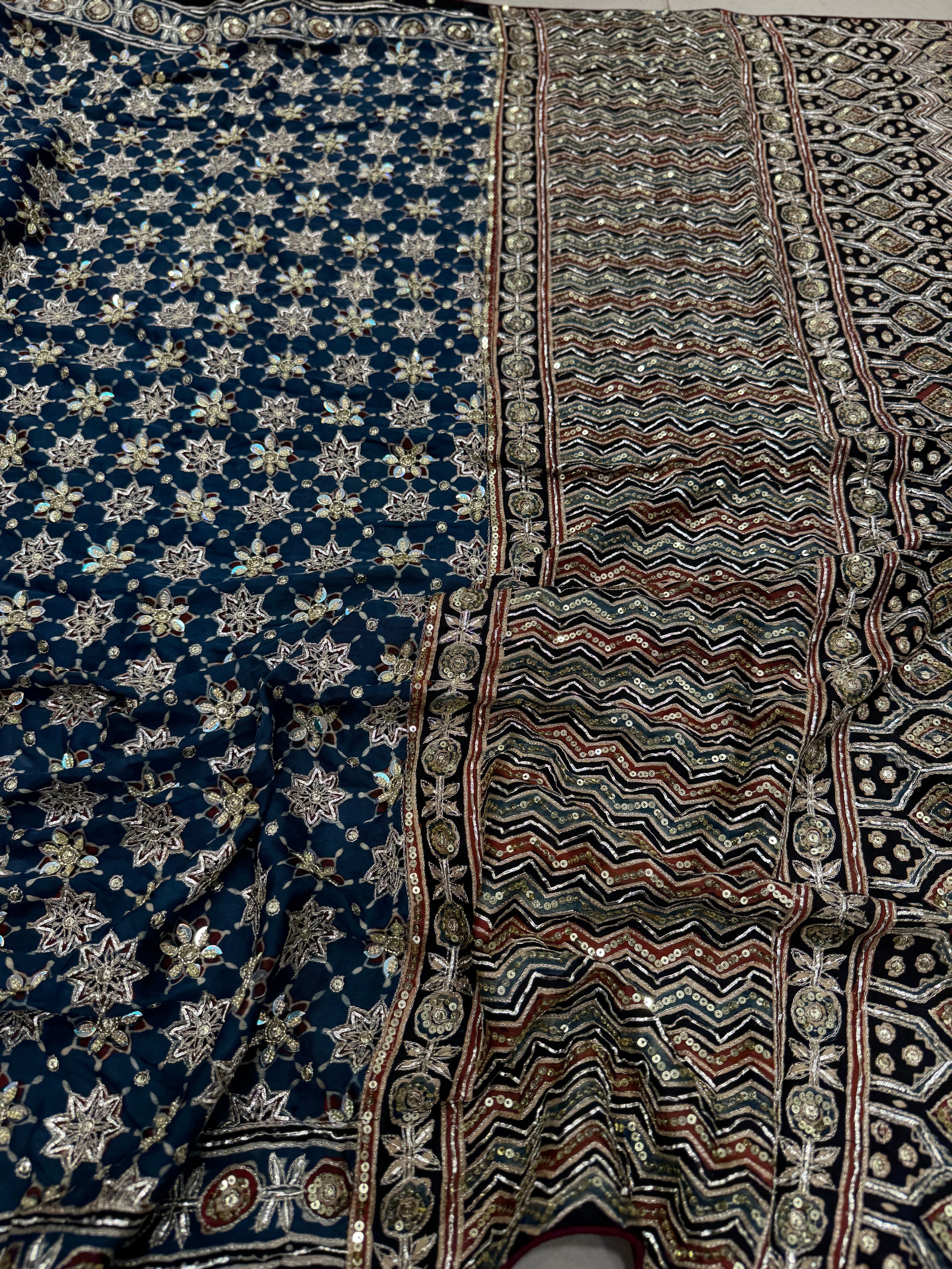Blue Black Jaal Ajrakh Hand Embroidery Saree