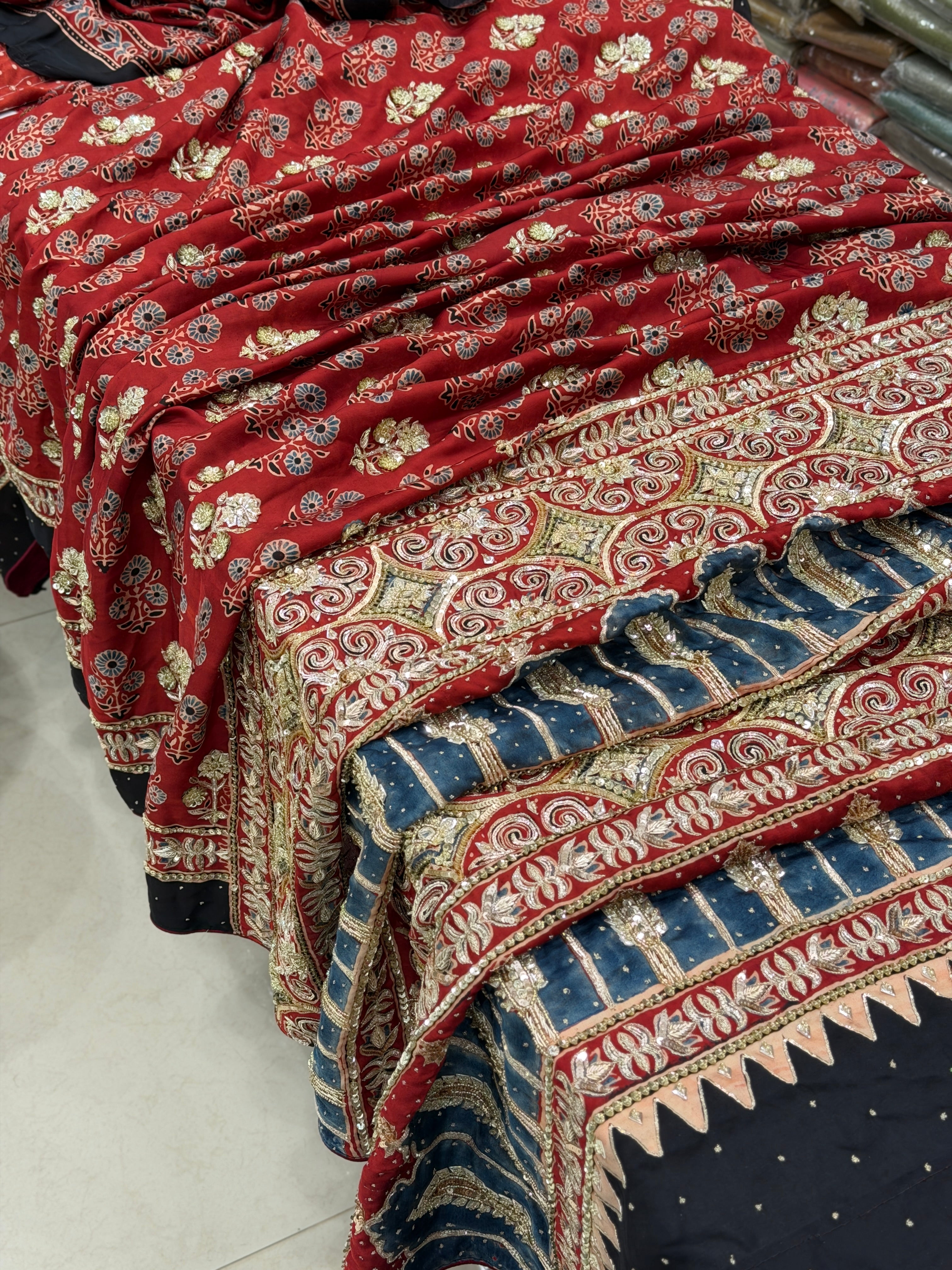 Red Buttas Pita Sequin Ajrakh Hand Embroidery Saree