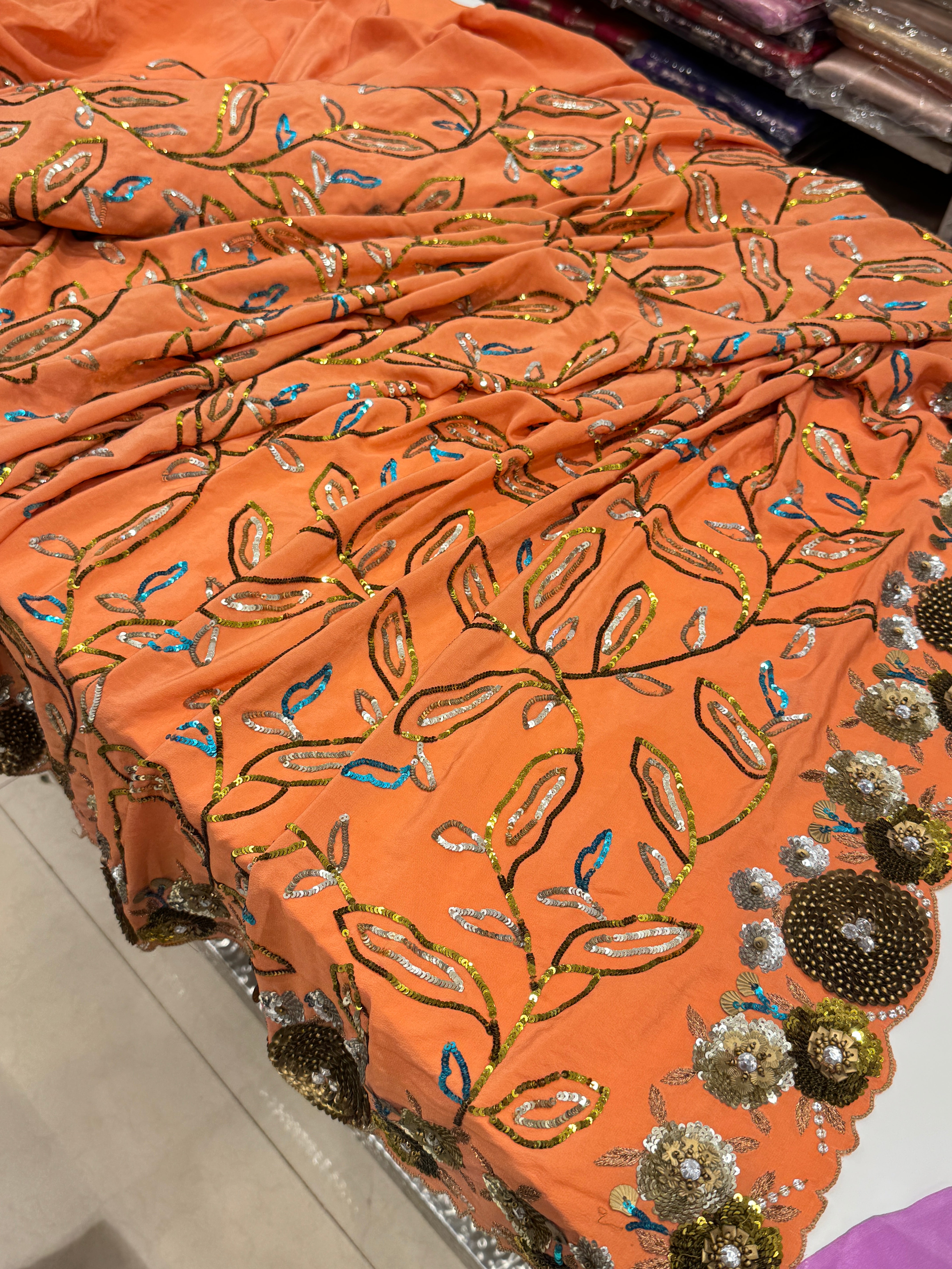 Orange Pure Crepe Hand Embroidery Saree