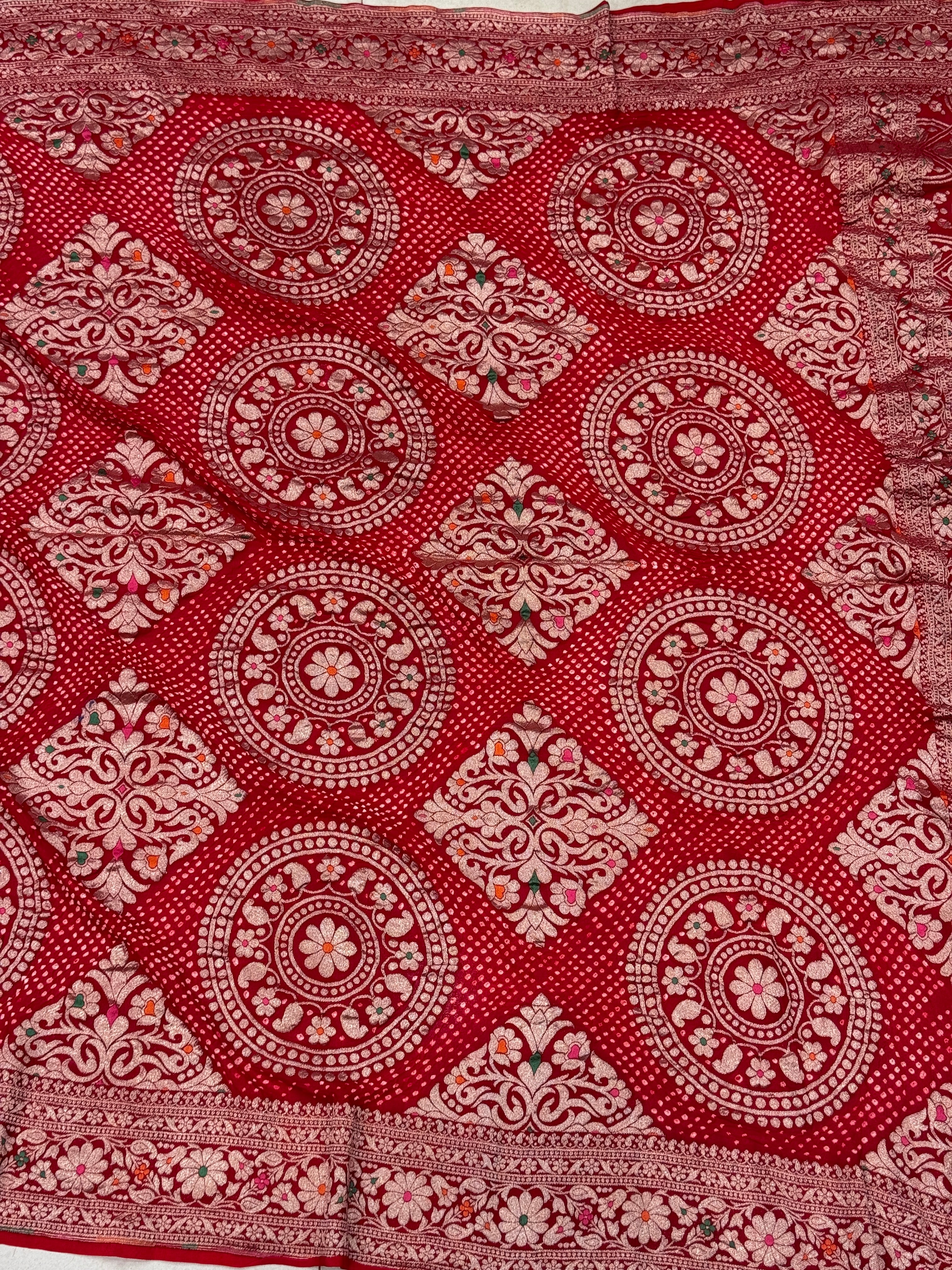 Red Rai Bandhej Weaved Handloom Georgette Saree