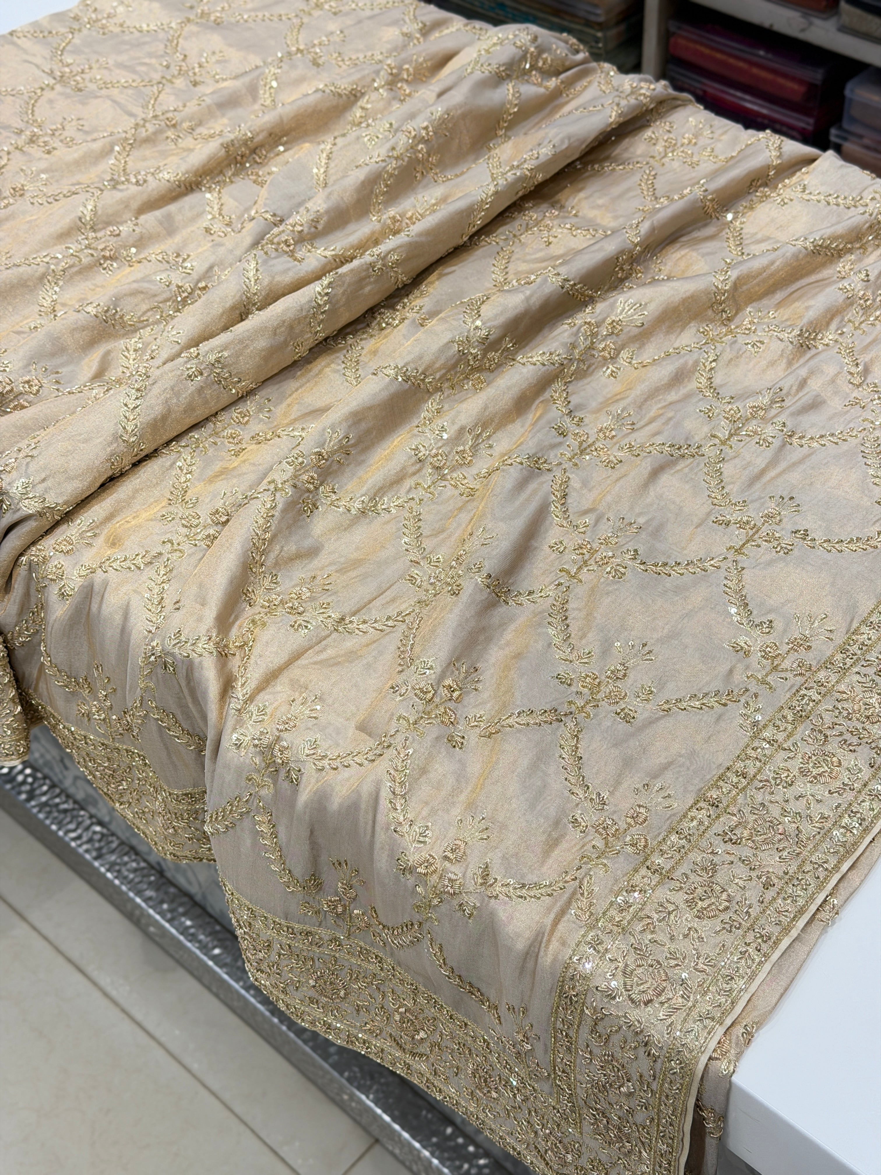 Ivory Tissue Zardosi Crown Jaal Hand Embroidery Saree