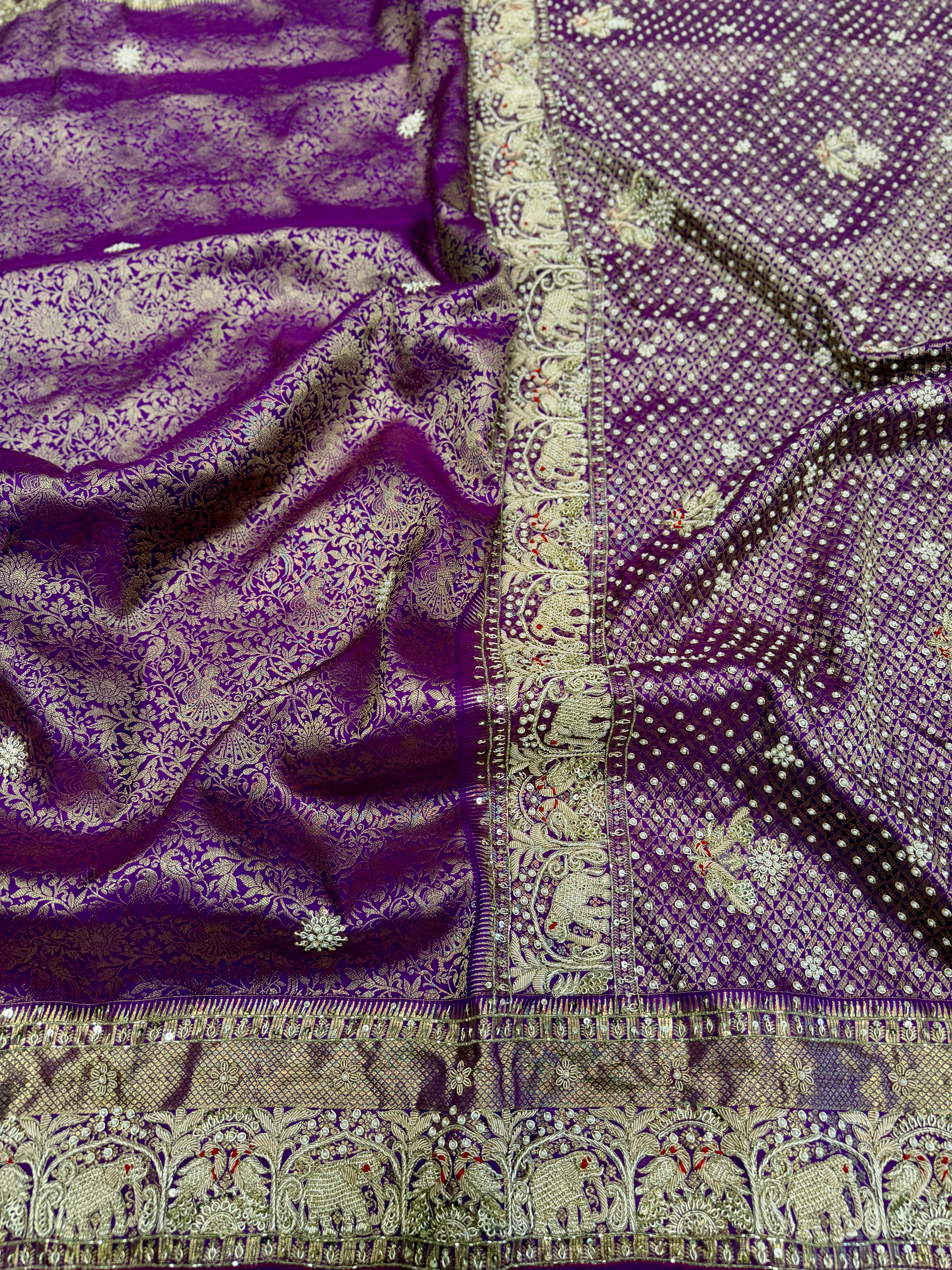 Violet Kanjivaram Elephant Motif Hand Embroidery Zardosi Saree