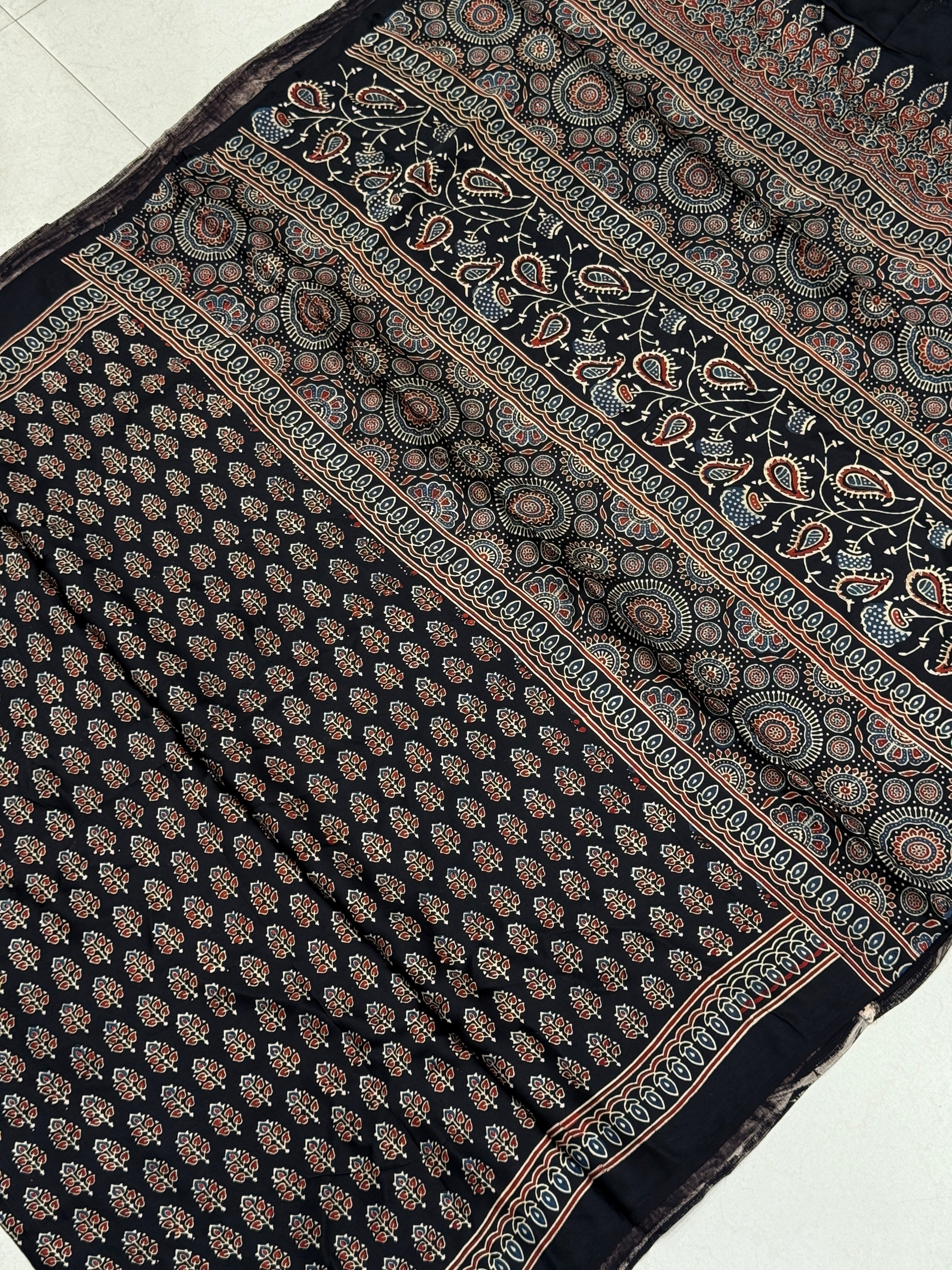 Black Keri Buttis Ajrakh Block Print Hand Pure Gajji Silk Saree