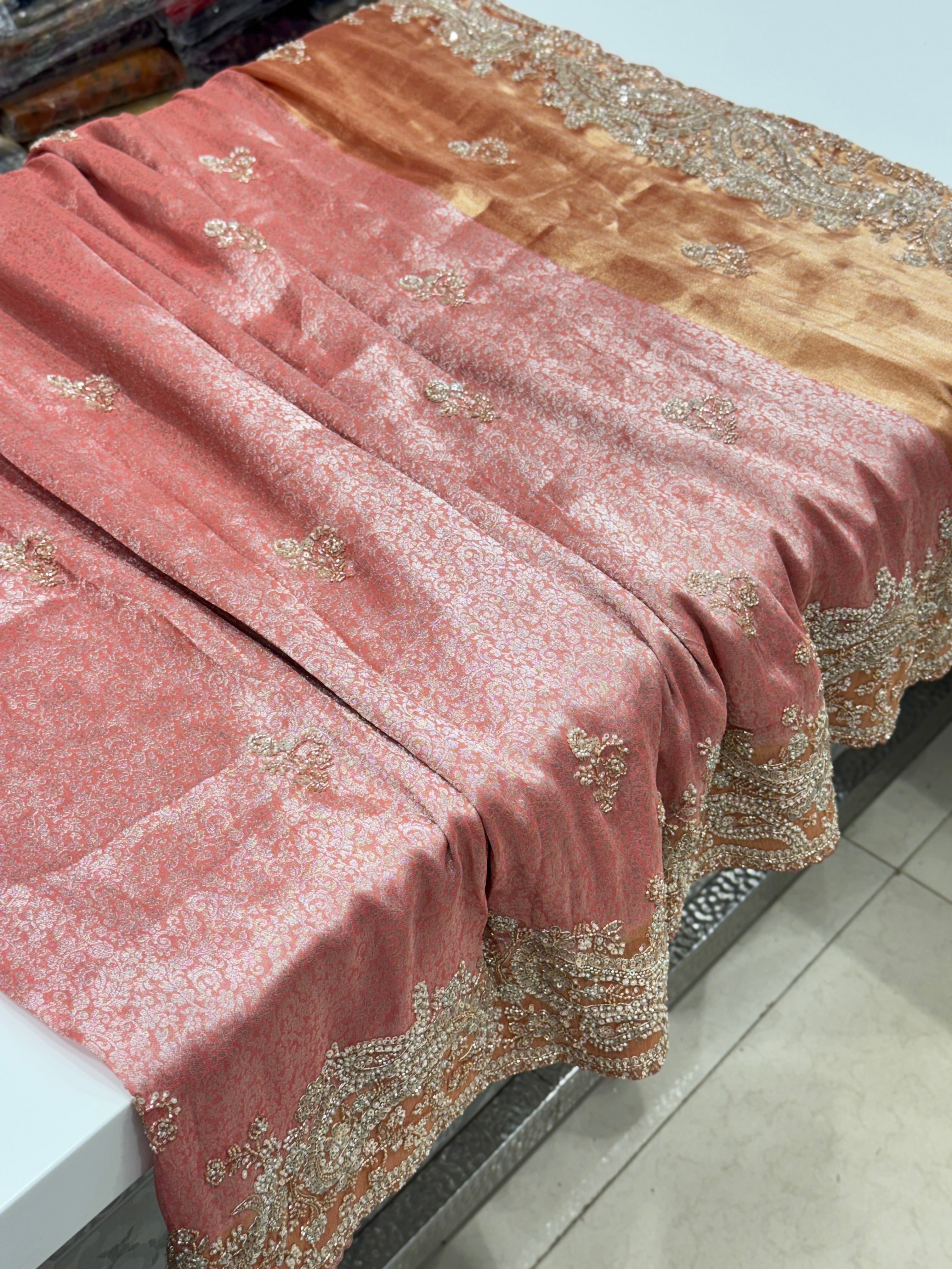 Pink Soft Silk Crystal Moti Embroidered Saree