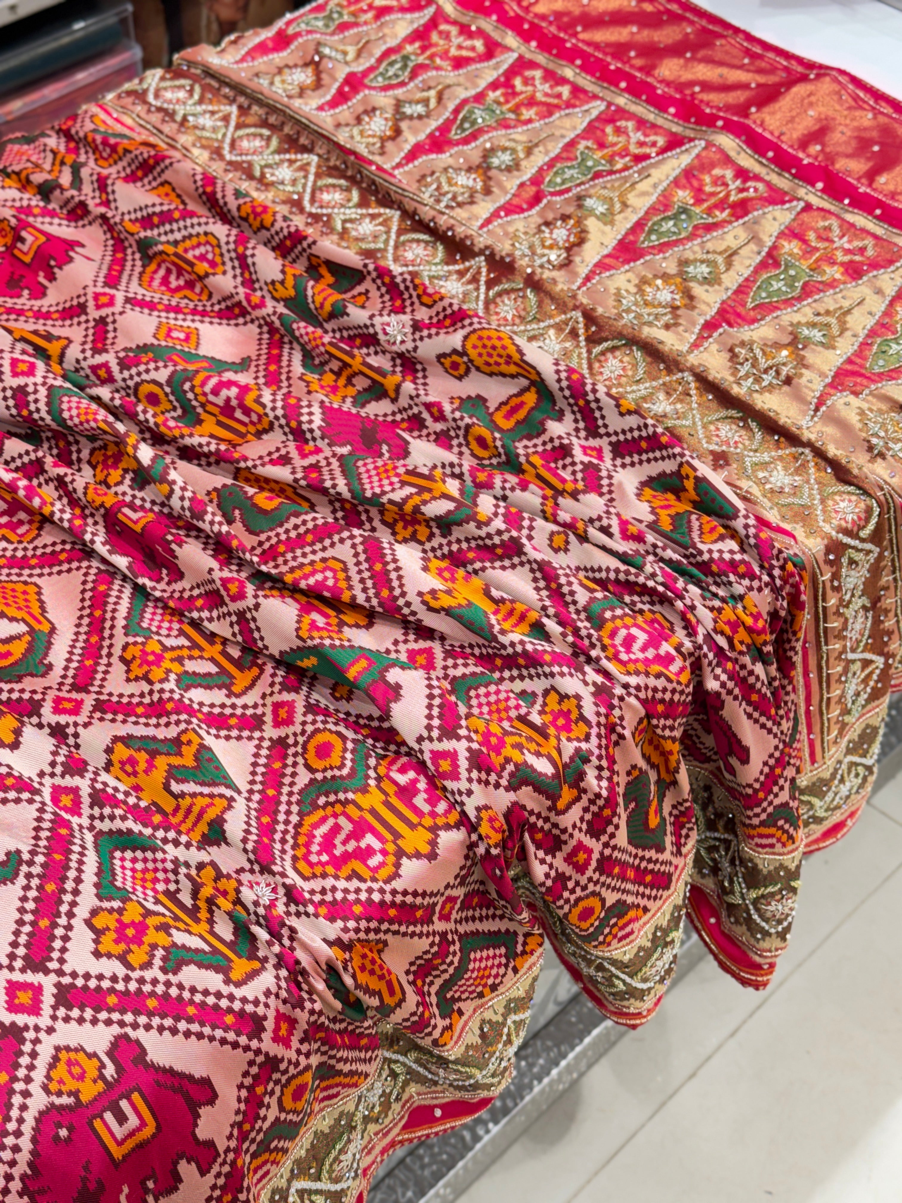 Rani Patola Rajkoti Style Weaved Hand Embroidery Saree