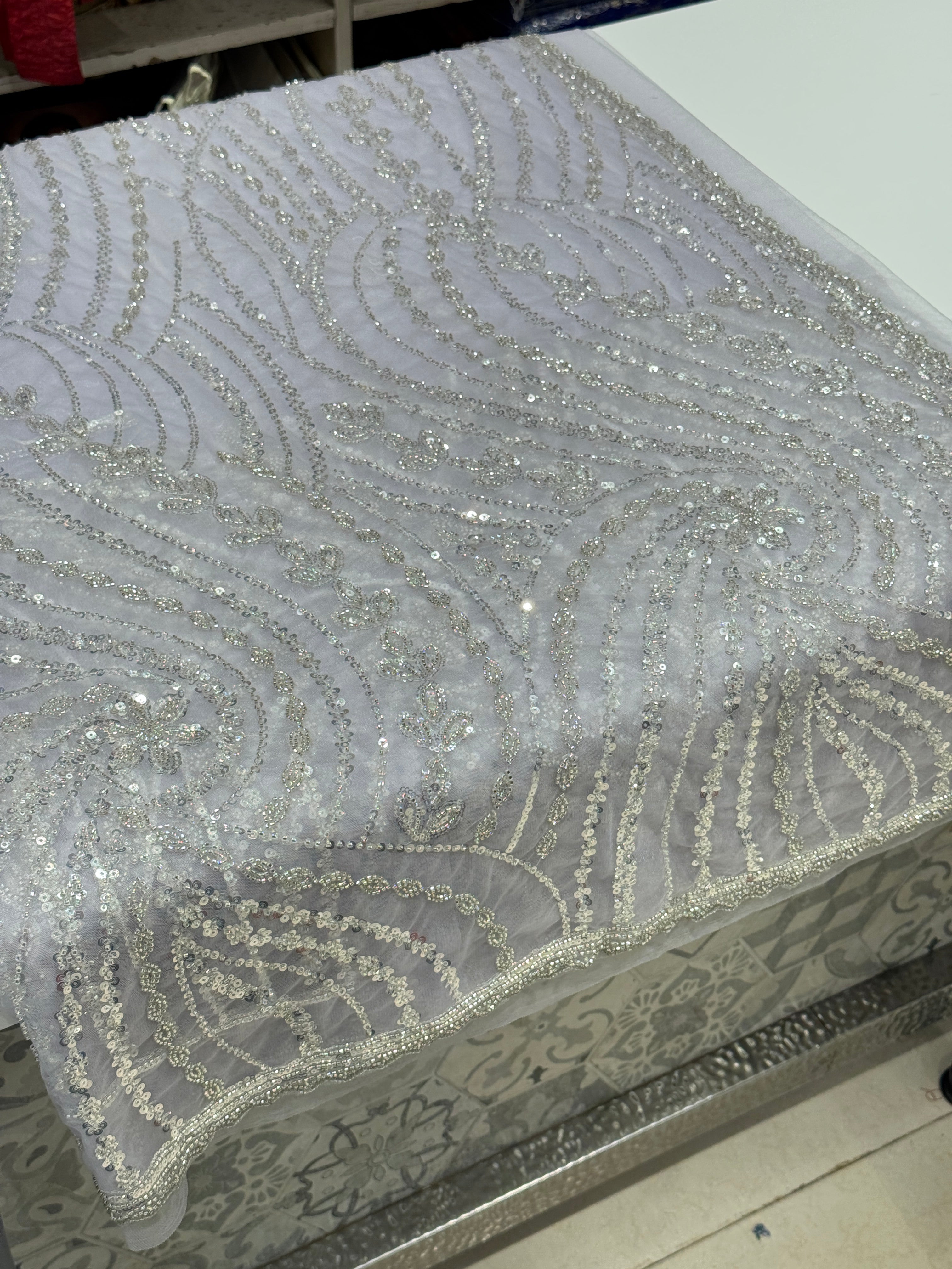 Lilac Soft Net Sequin Moti Embroidery Saree