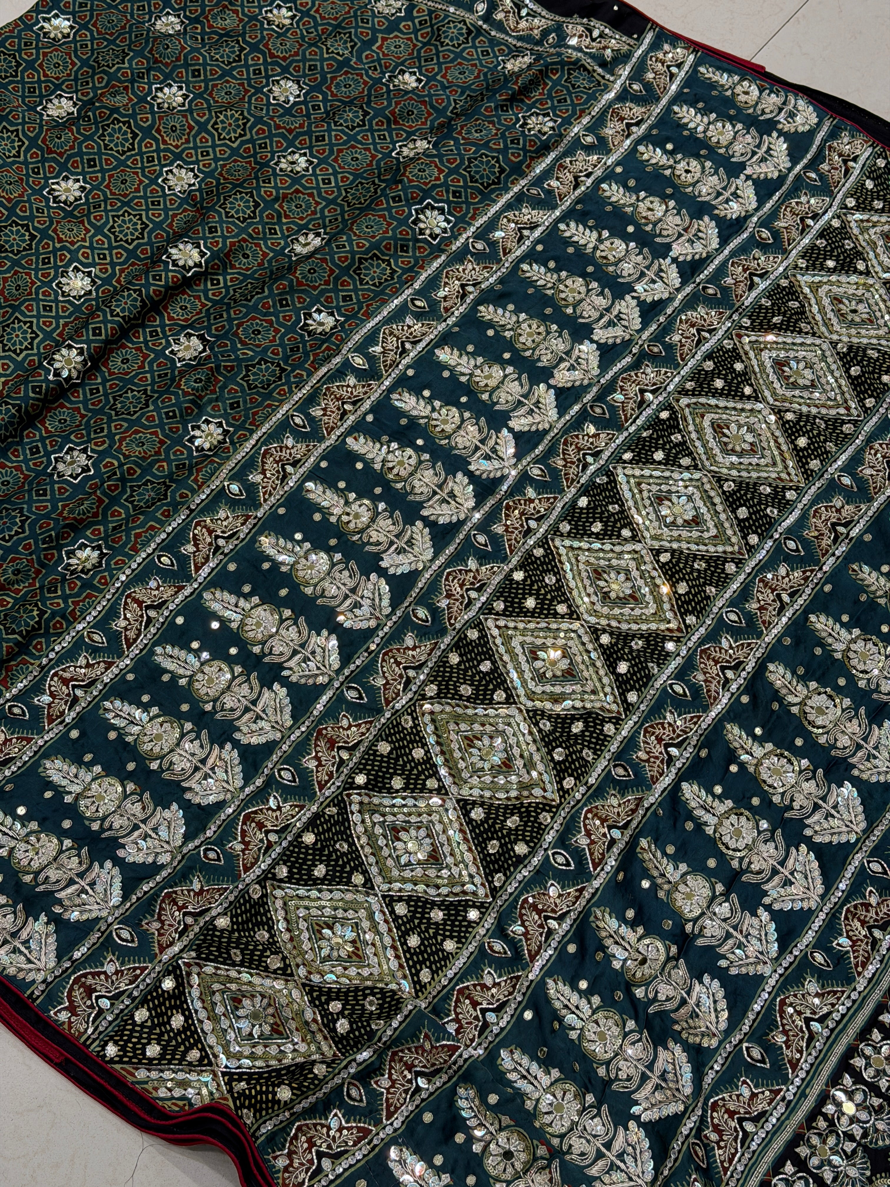 Bottle Green Pita Sequin Ajrakh Hand Embroidery Saree