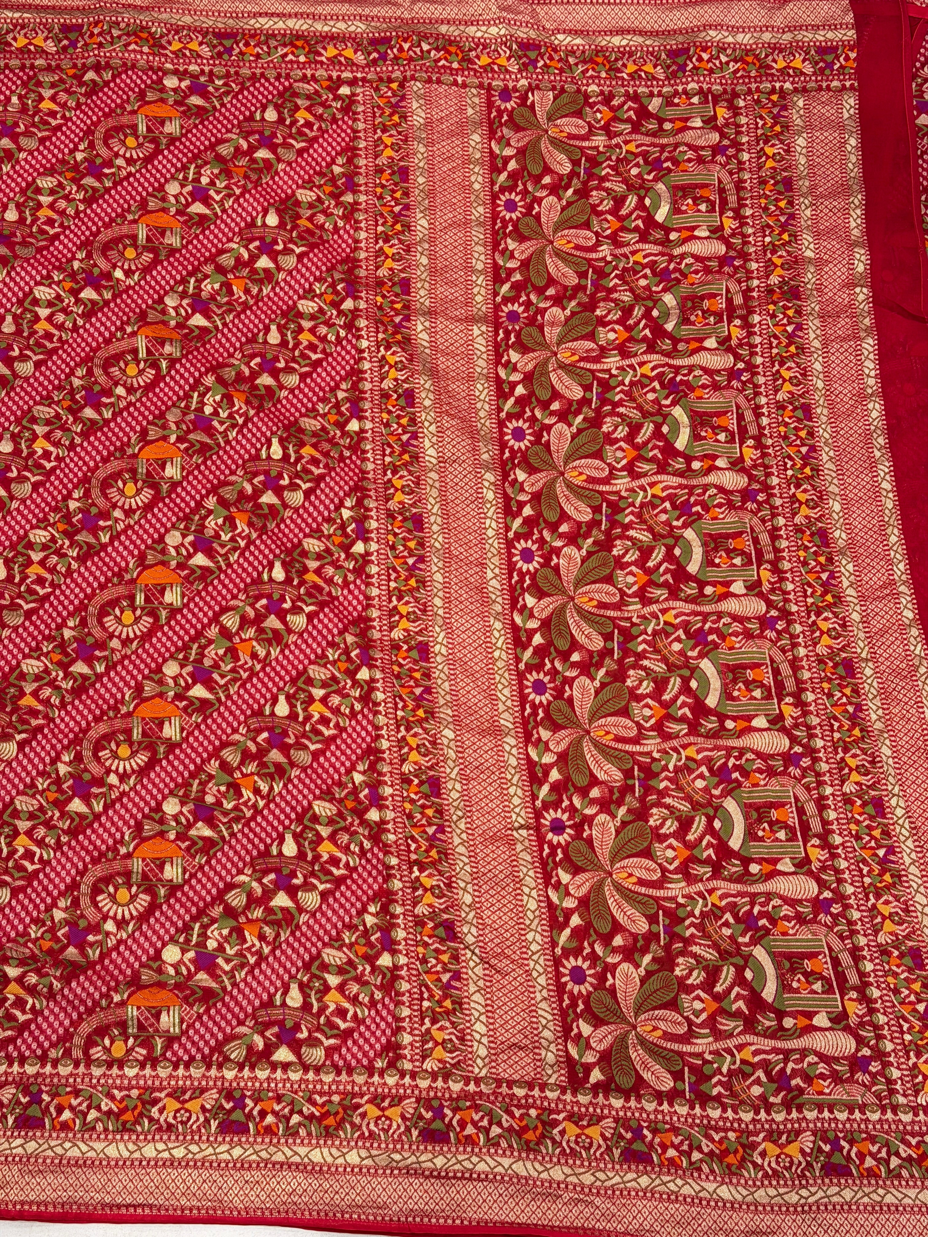 Red Warli Style Woven Bandhej Georgette Saree