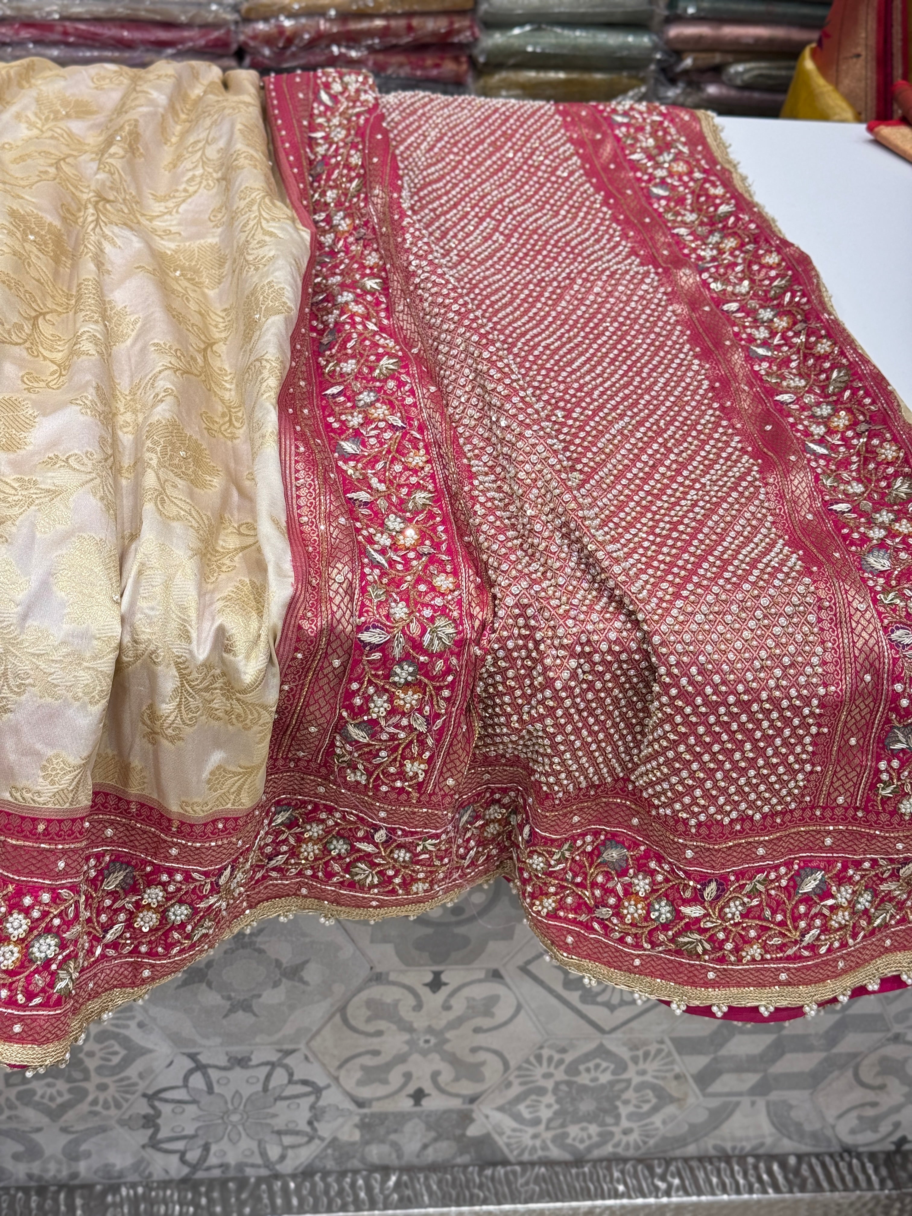 Beige Rani Banarasi Border Hand Embroidery Saree