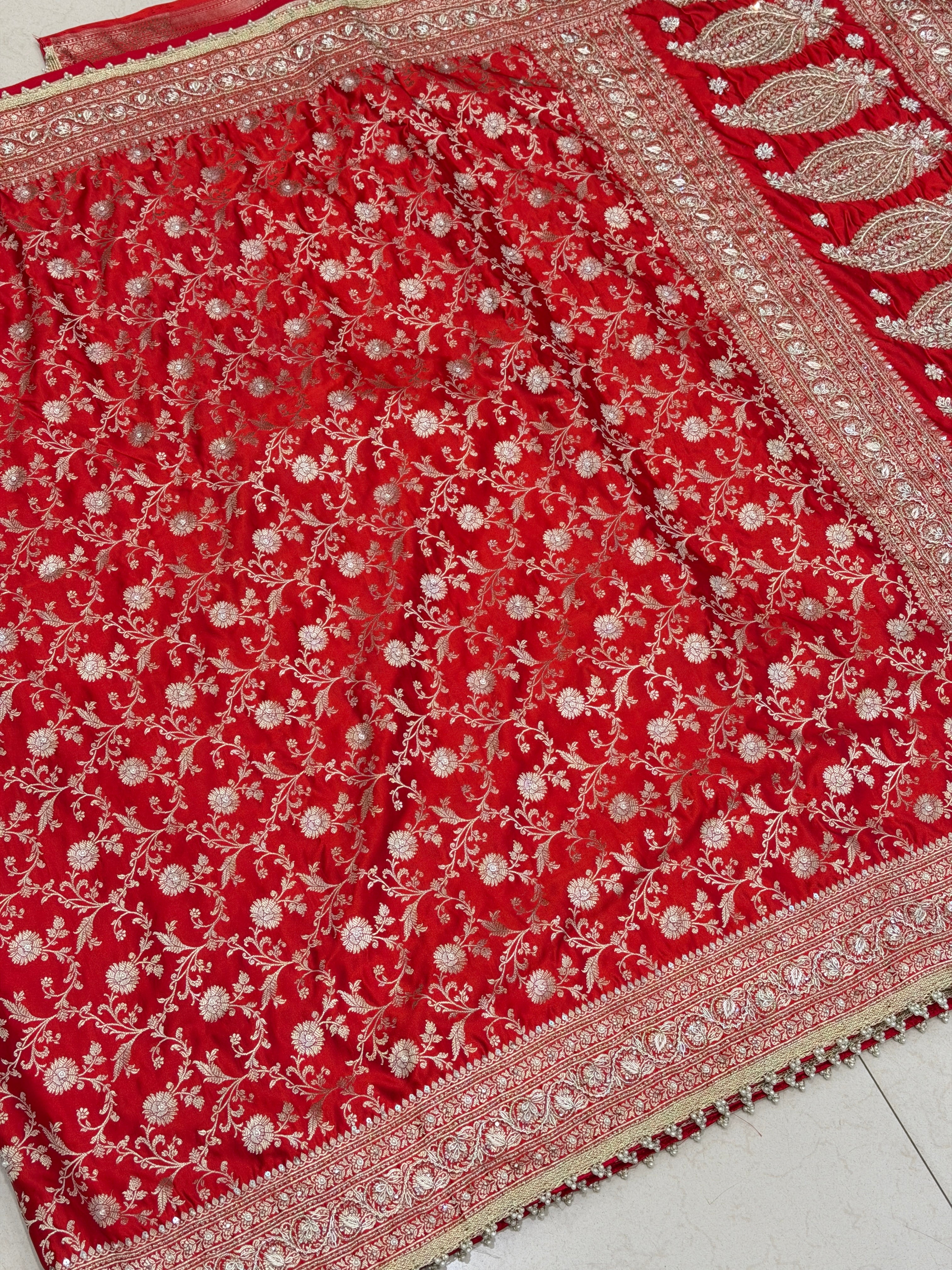 Red Banarasi Sona Roopa Jaal Zardosi Hand Embroidery Saree