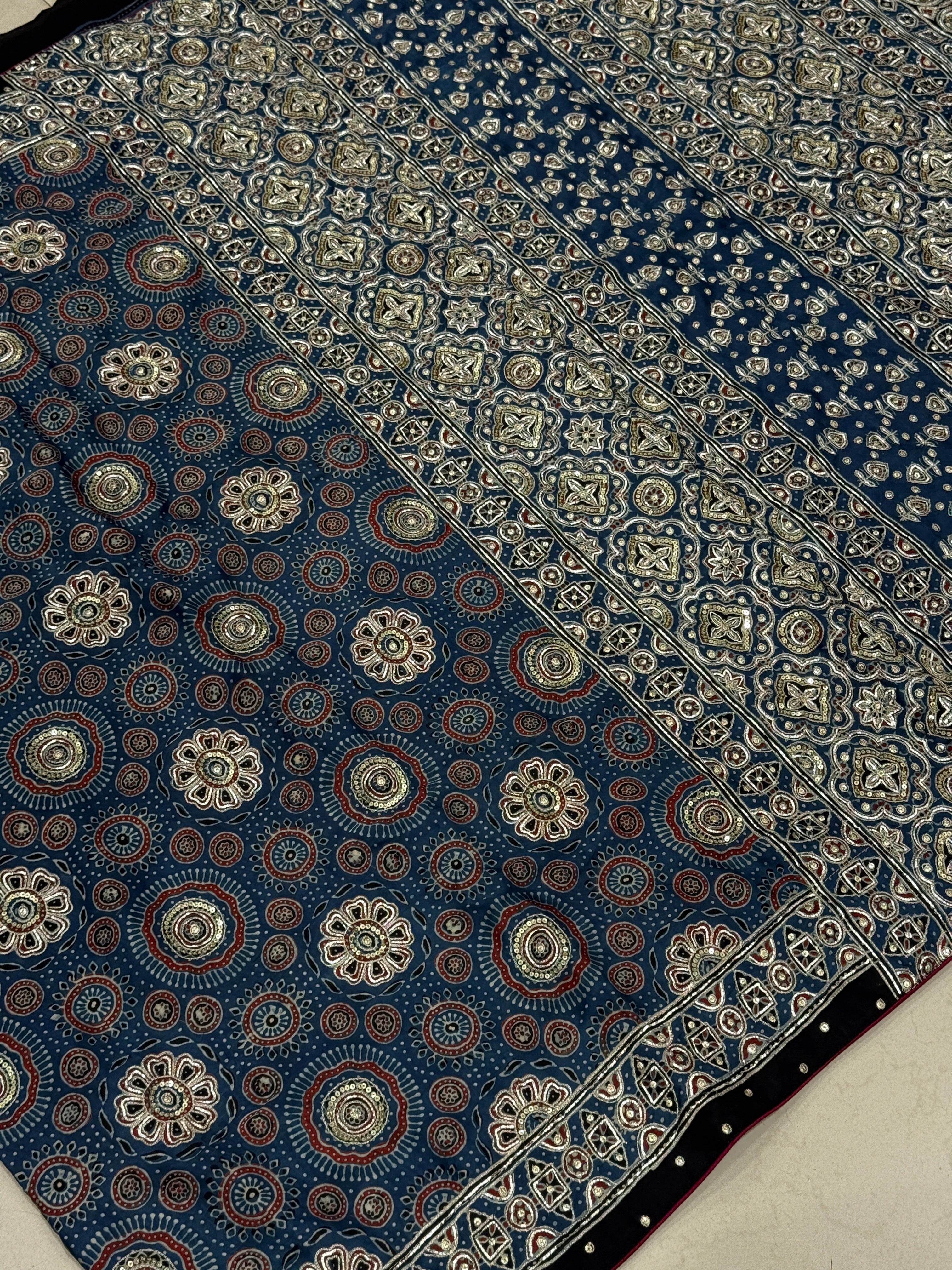 Blue Ajrakh Badam Buttas Pita Sequin Moti Hand Embroidery Saree