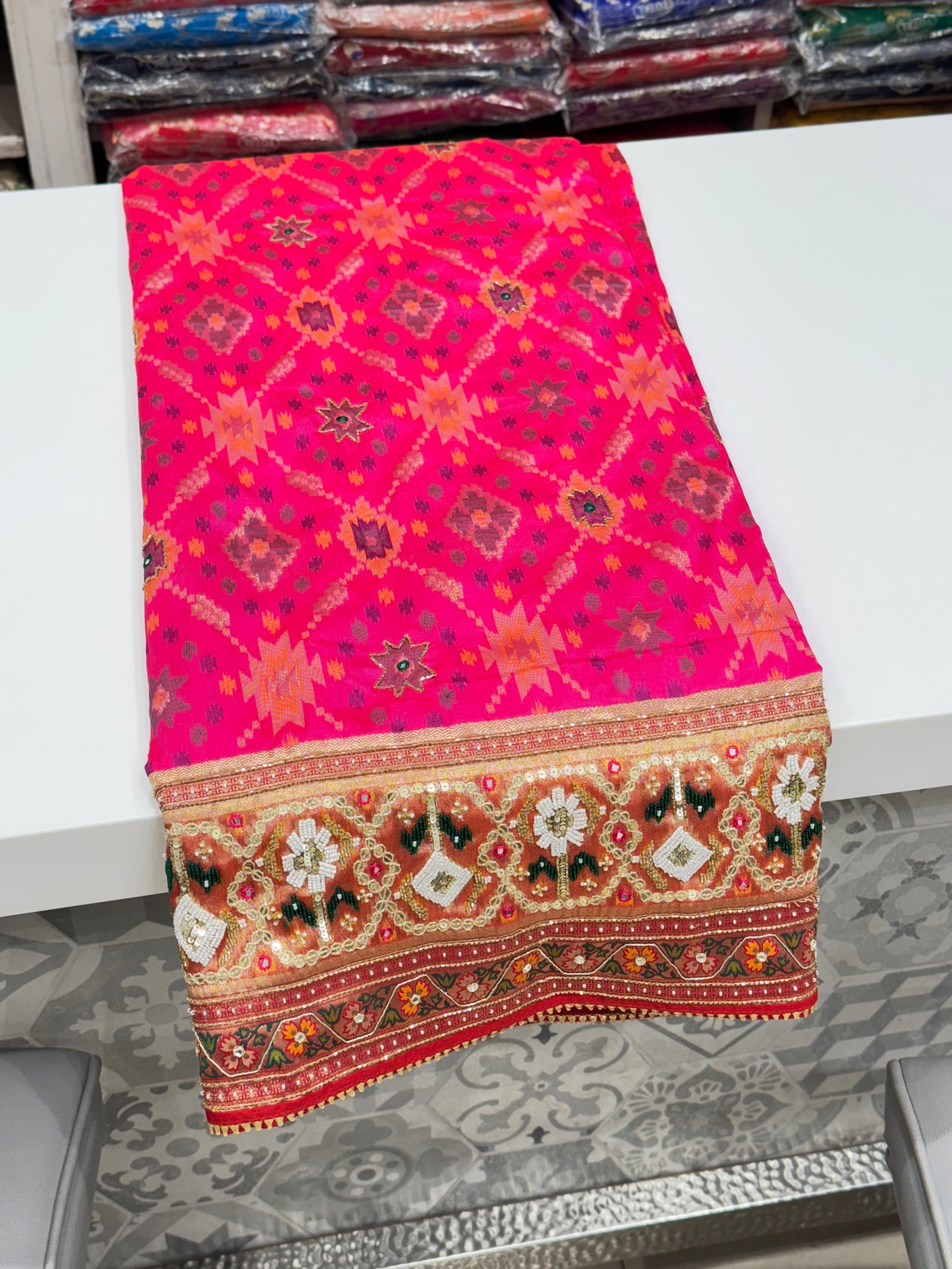 Rani Patola Kutchi Moti Embroidery Saree