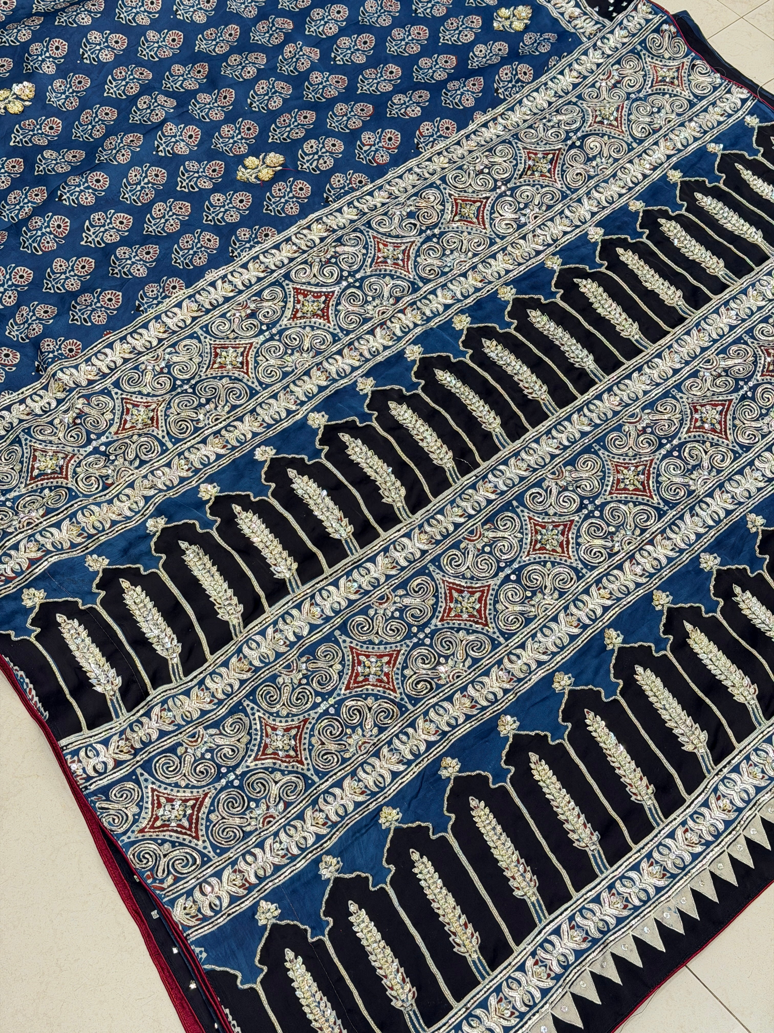 Blue Buttas Pita Zardosi Sequin Ajrakh Hand Embroidery Saree