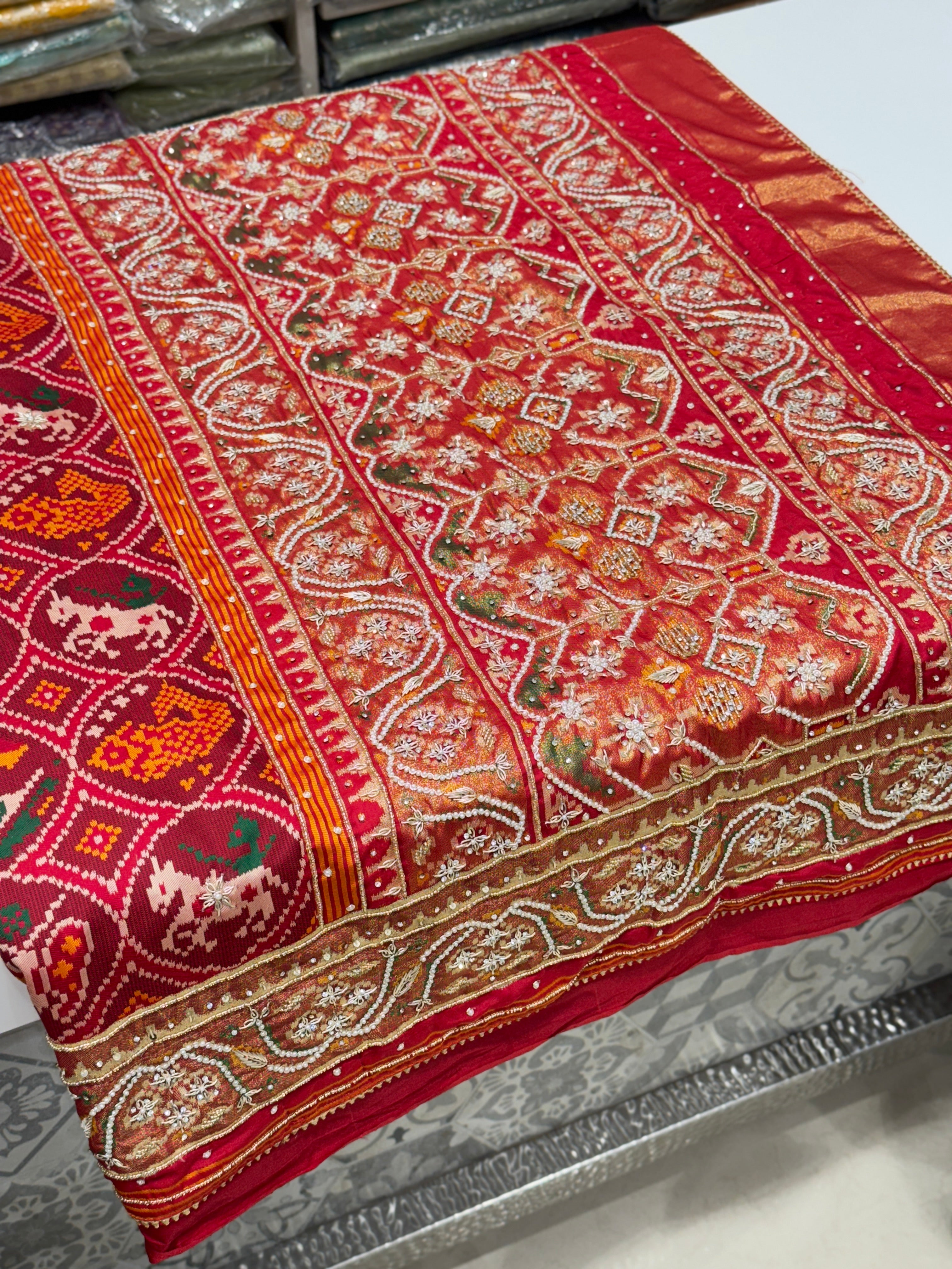 Maroon Patola Figures Zardosi Embroidery Saree