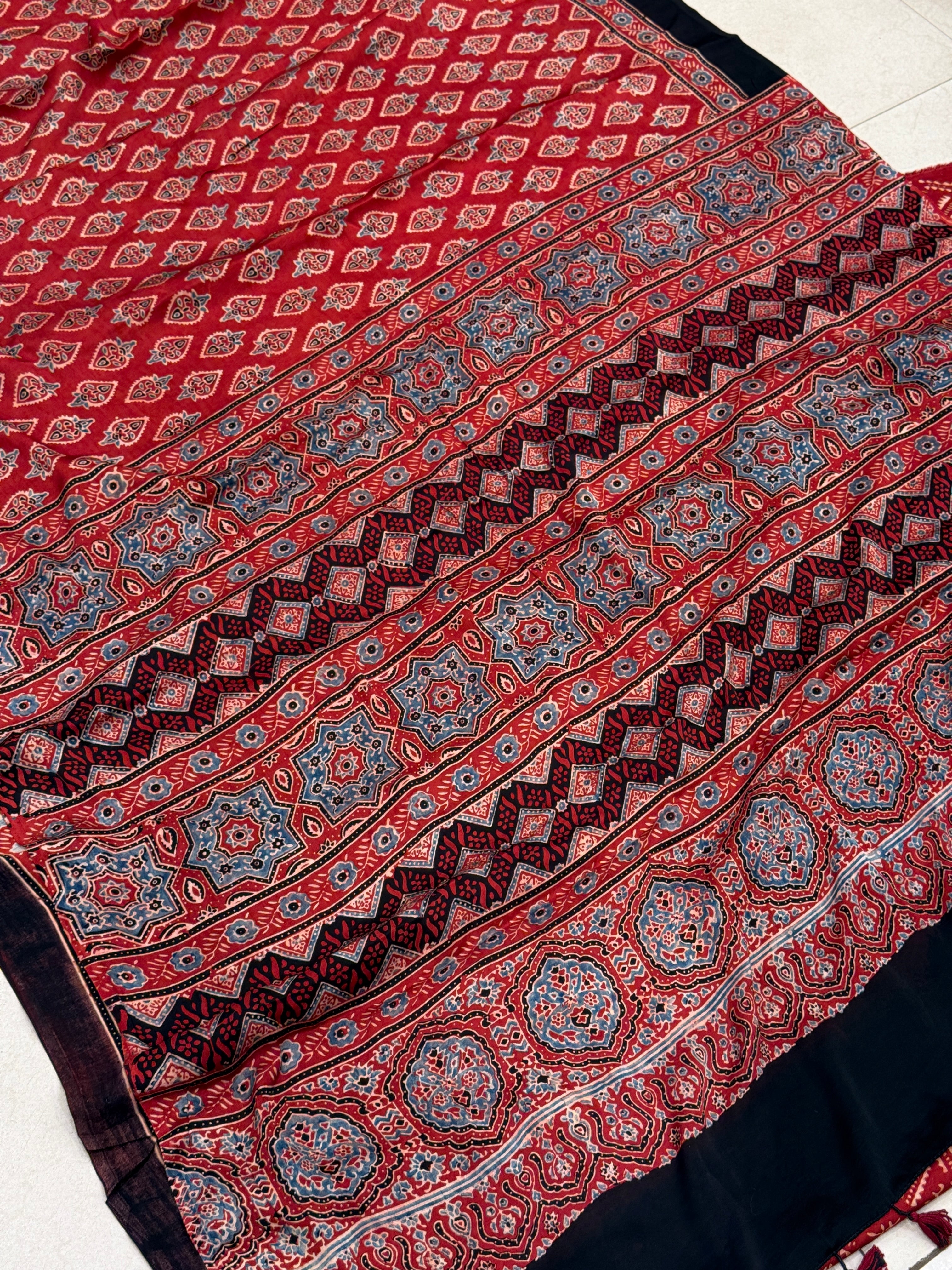 Red Buttis Ajrakh Block Print Hand Pure Gajji Silk Saree