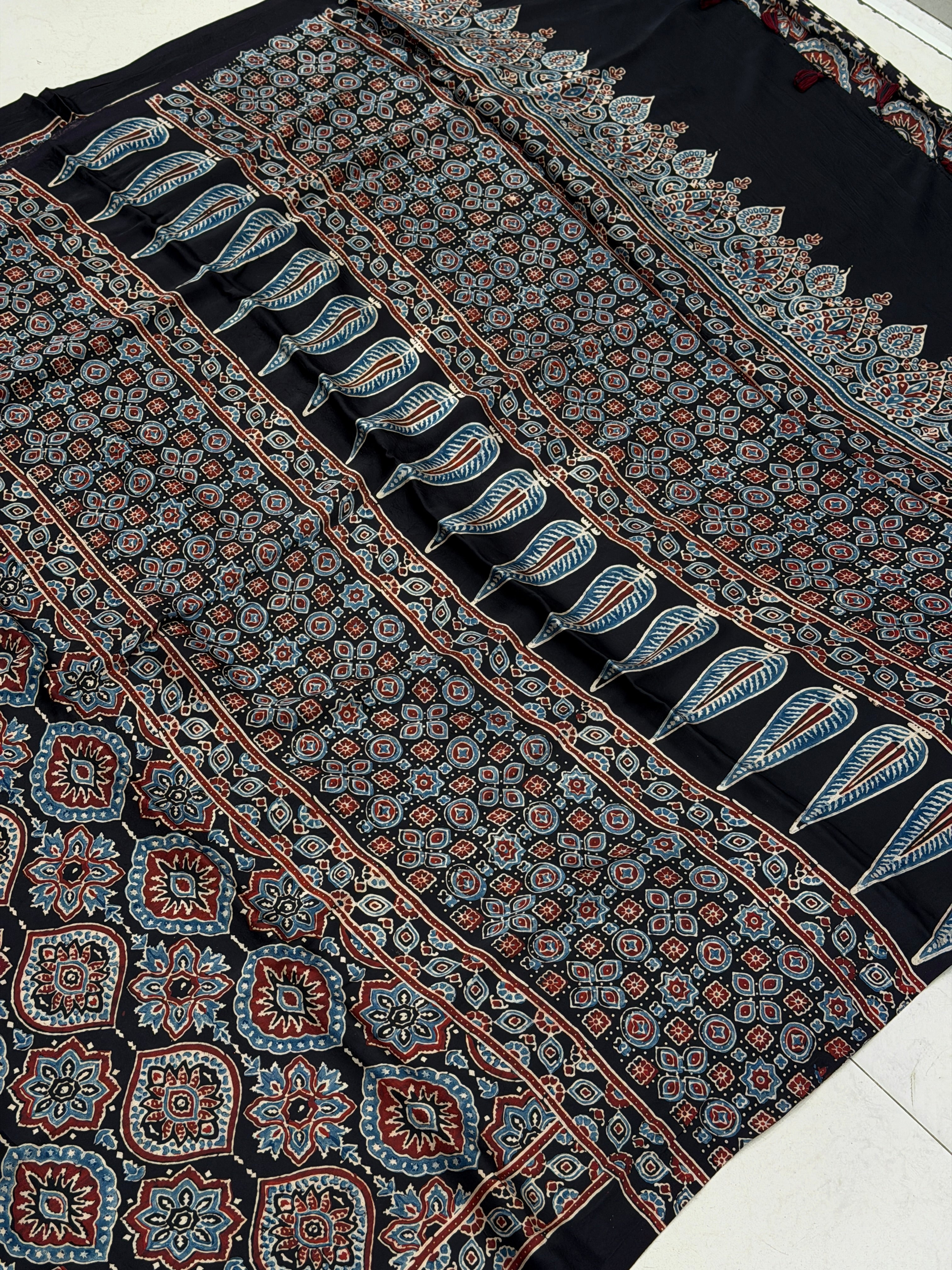 Black Badam Butti Ajrakh Hand Block Print Pure Modal Silk Saree