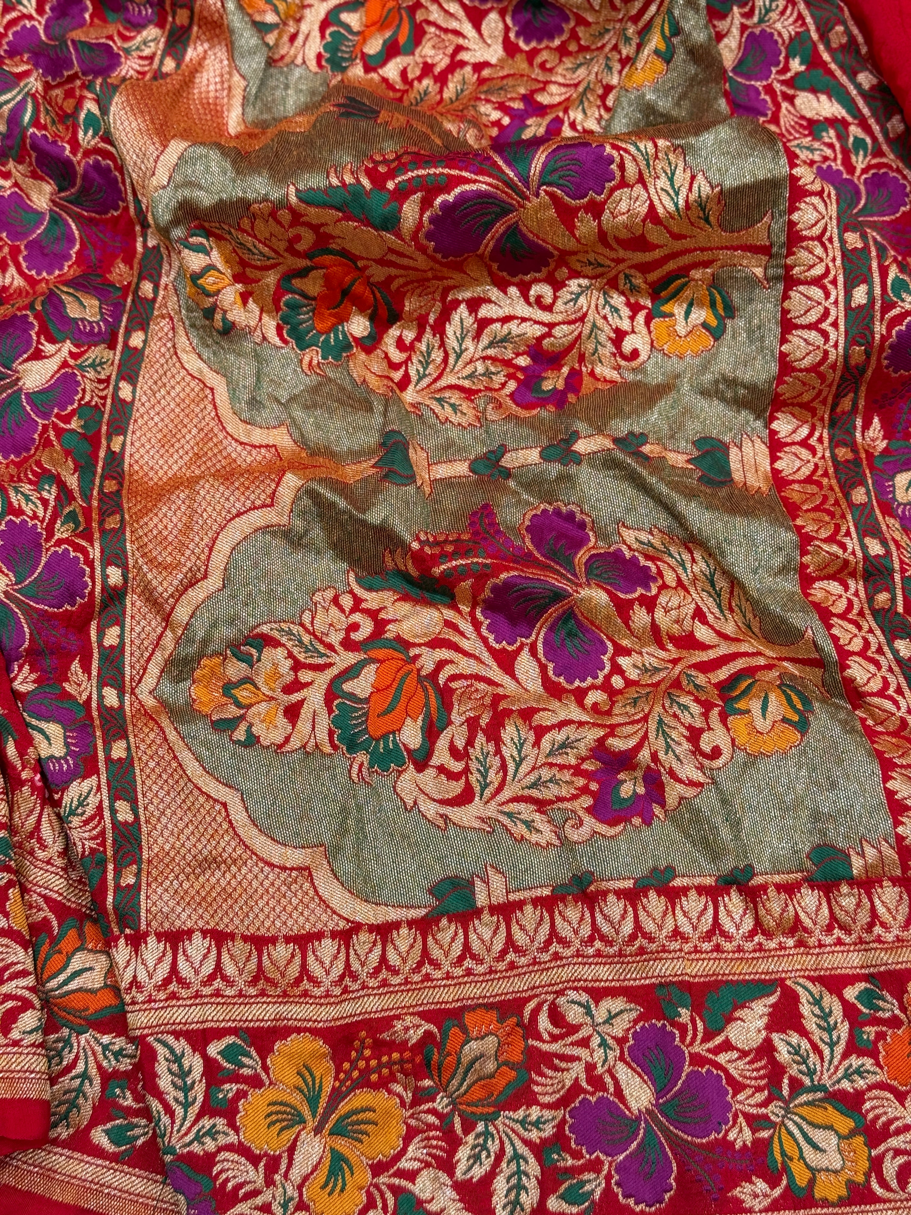 Red Meenakari Rai Bandhej Floral Border Saree