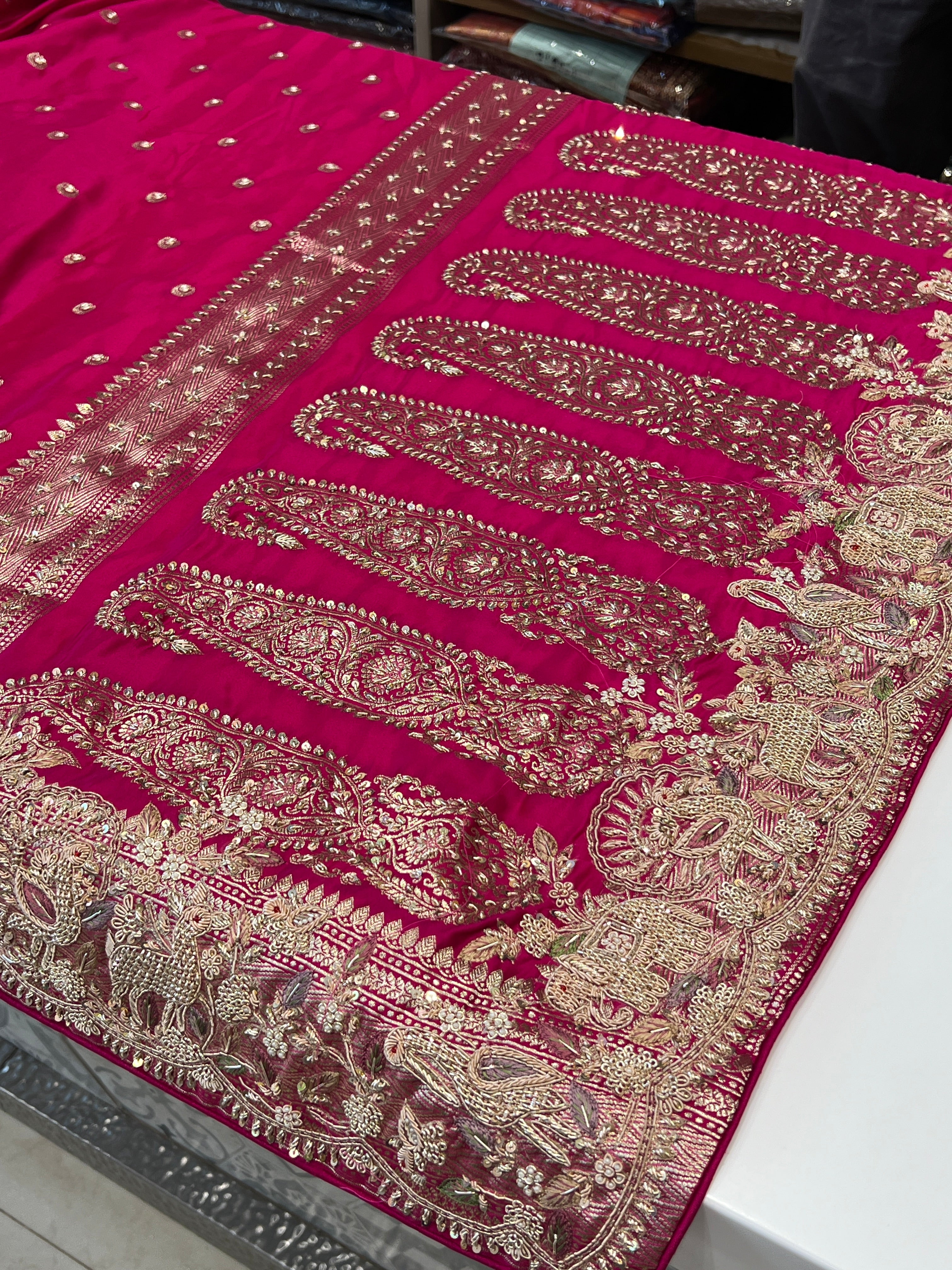 Rani Pink Banarasi Chand Butti Zarodozi Hand Embroidery Saree