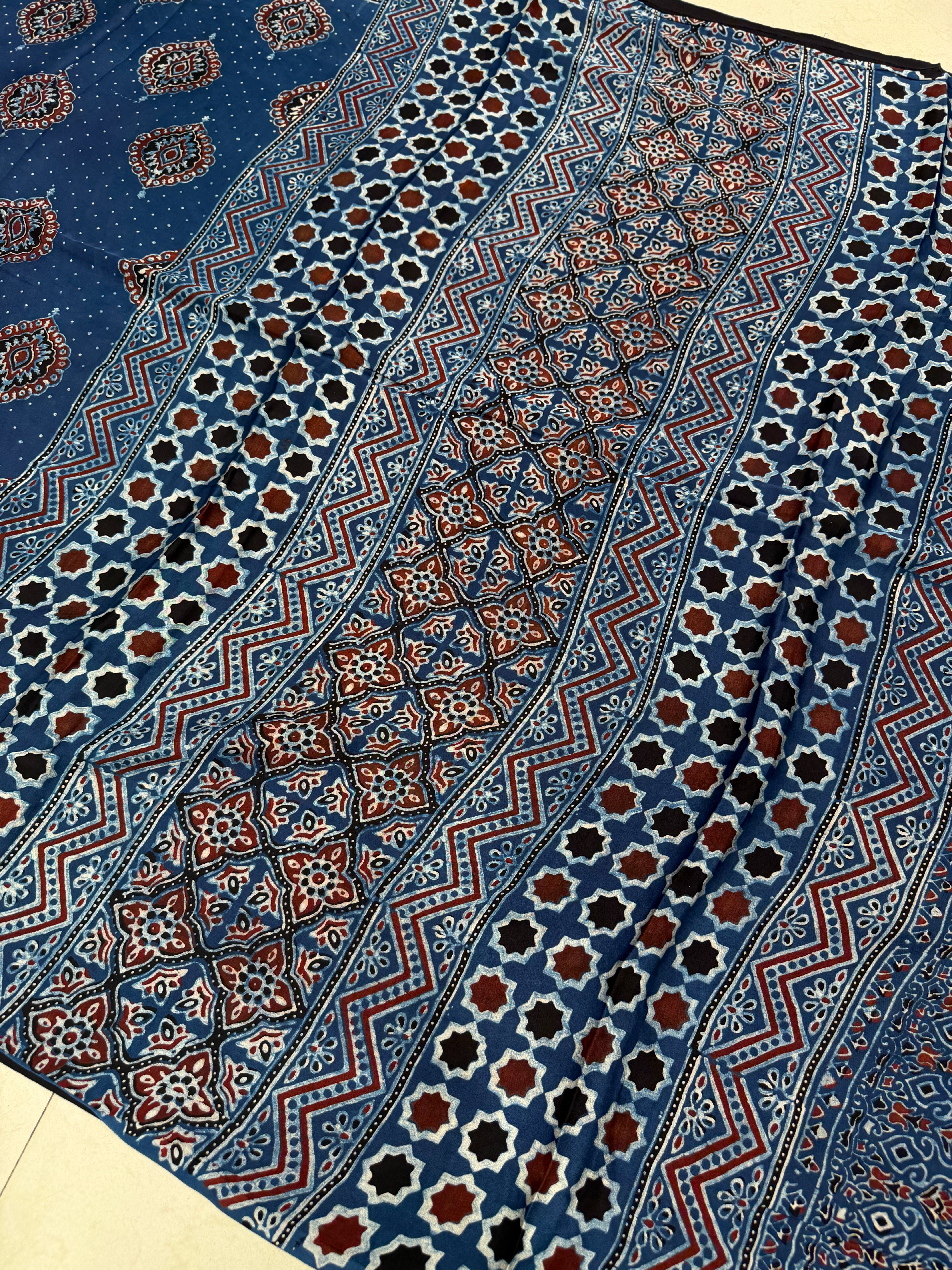 Blue Badam Butta Ajrakh Hand Block Print Pure Gajji Silk Saree