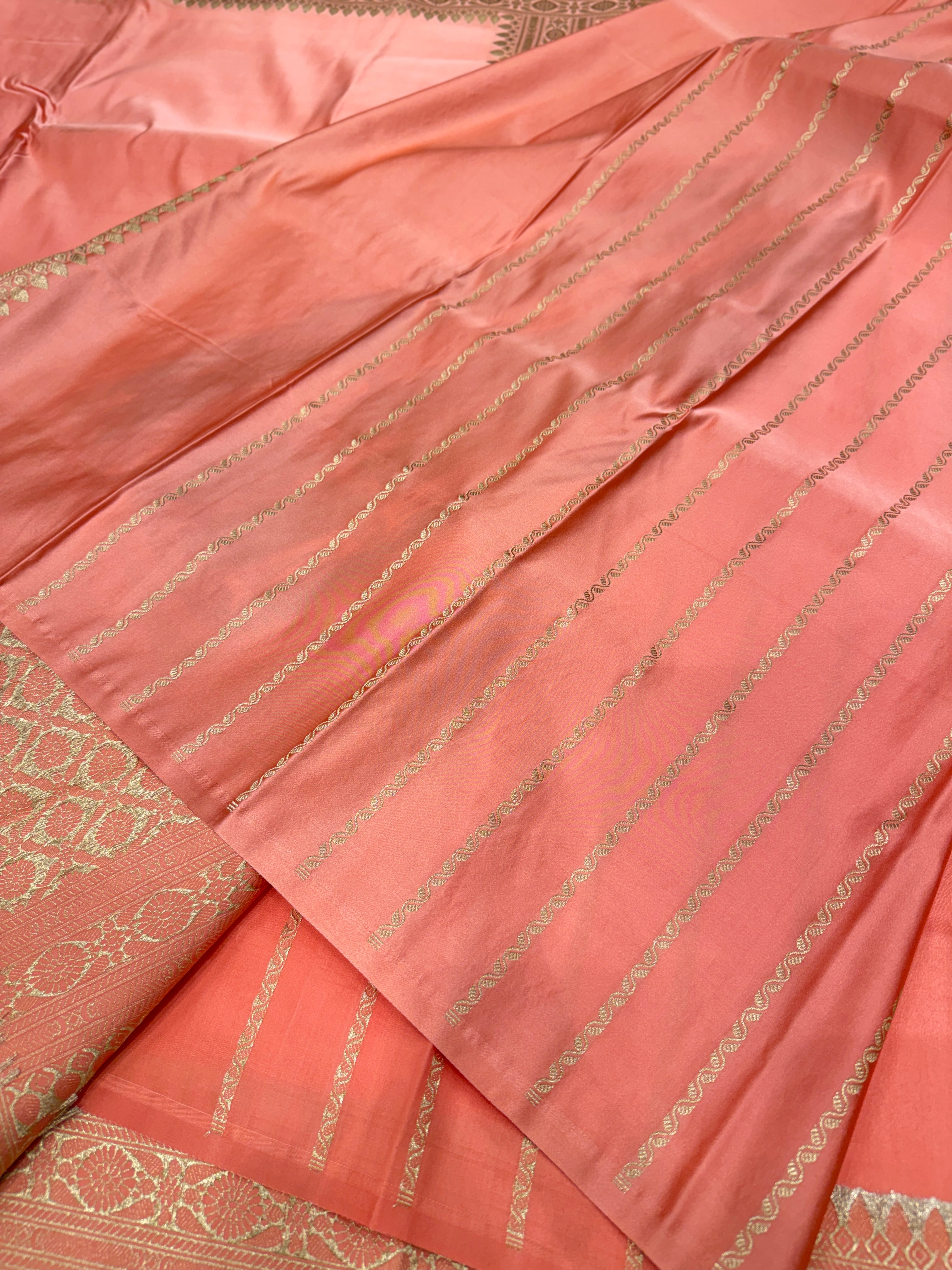 Peach Banarasi Silk Plain Body Meena Pallu Saree