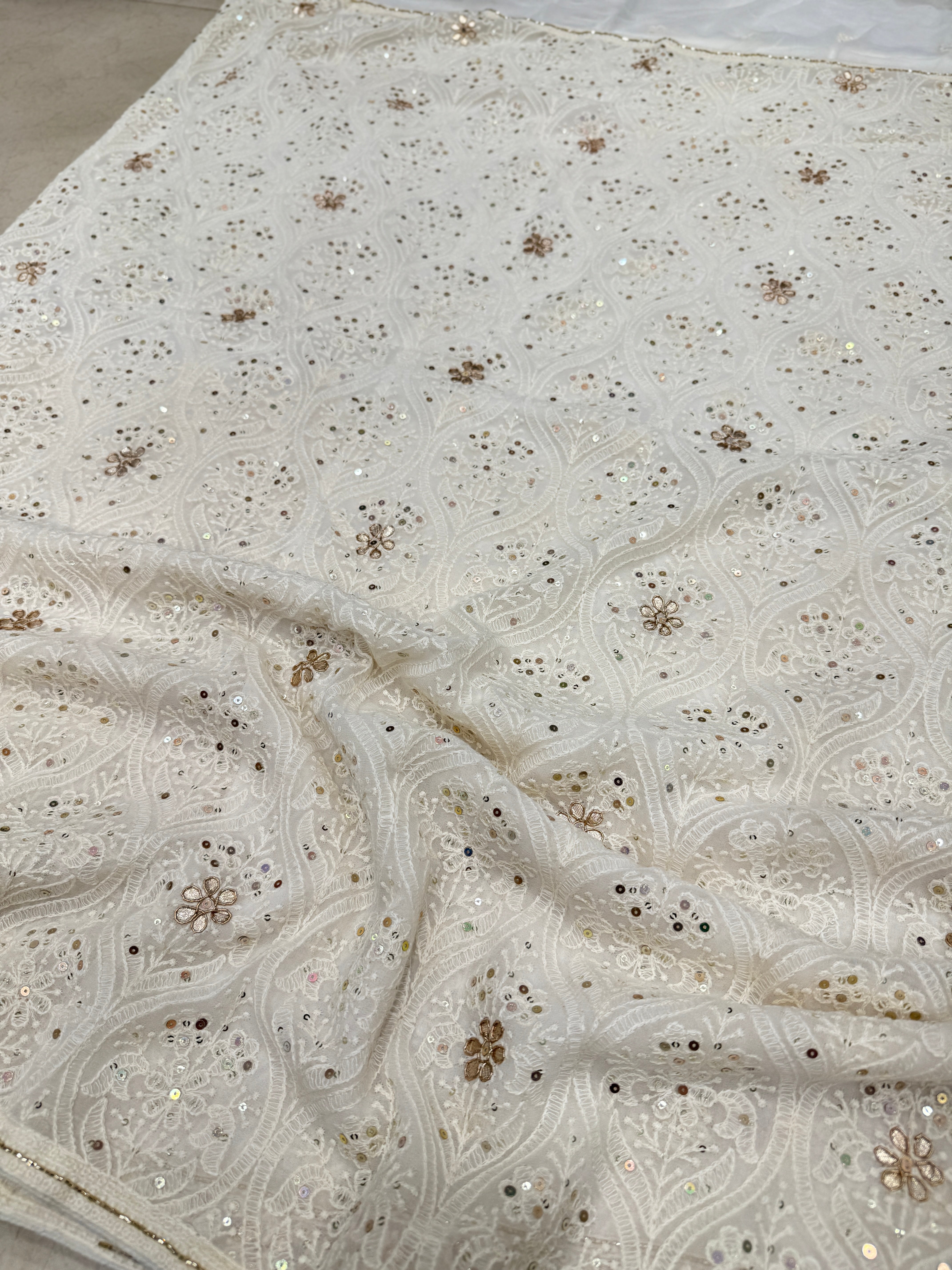 White Chikankari Badam Design on Georgette with Cutdana Hand Embroidery