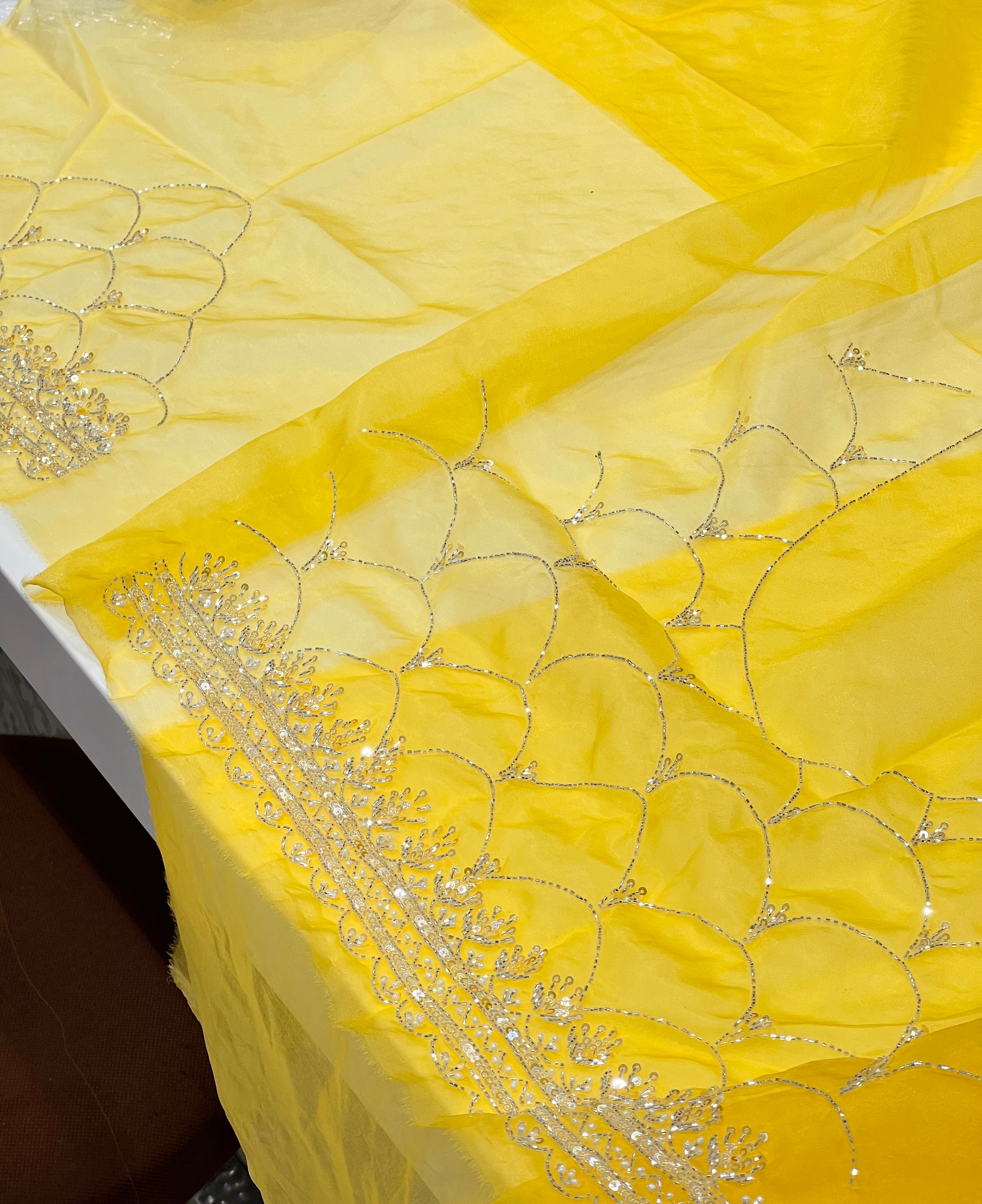 Yellow Organza Scales Pattern Hand Embroidery Saree