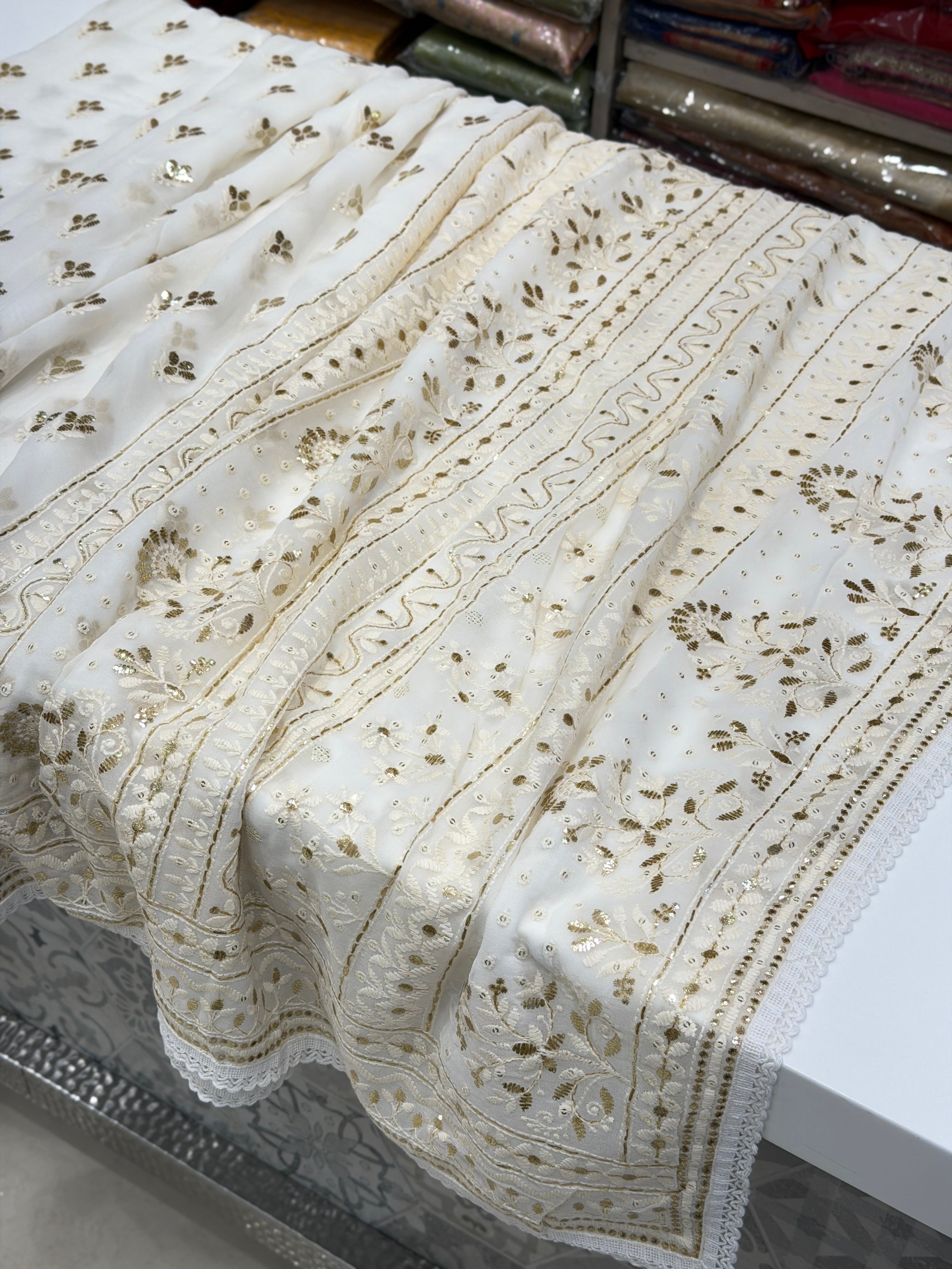 White Georgette Badla Embroidery Buttis Chikankari Saree