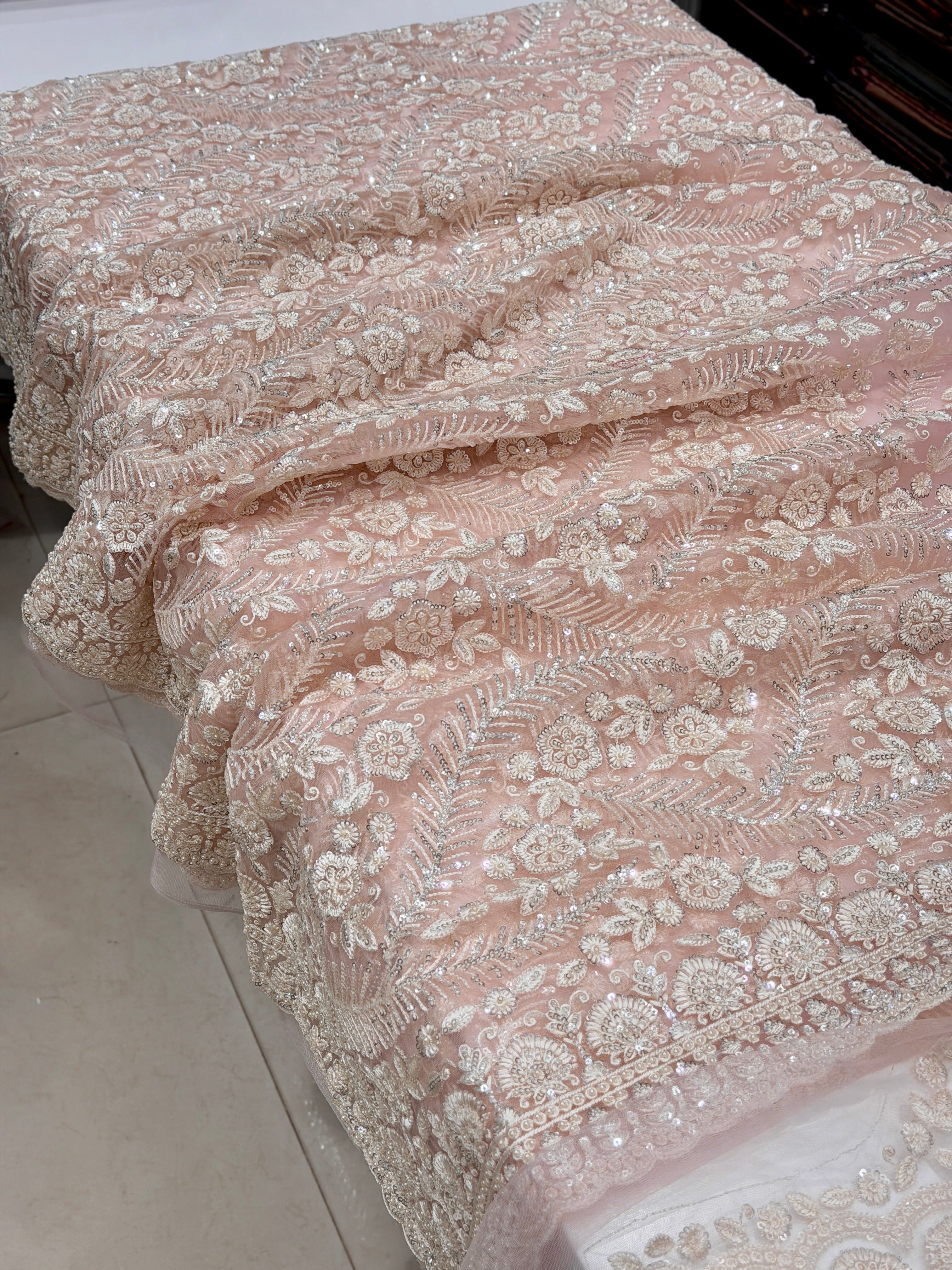 Pink Net Resham Moti Embroidery Soft Saree Floral Border