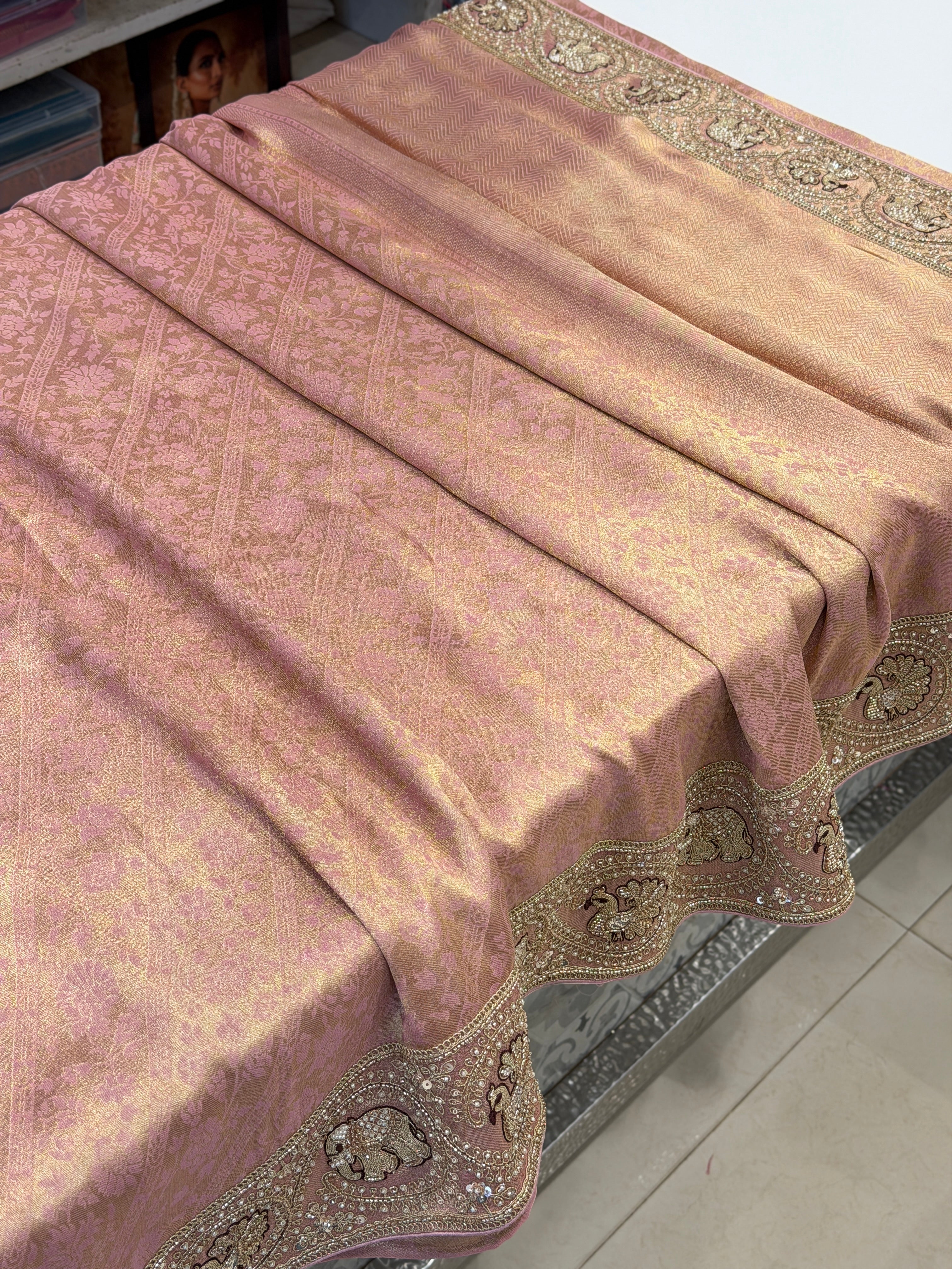 Light Pink Banarasi Crepe Tissue Elephant Motif Embroidery Saree