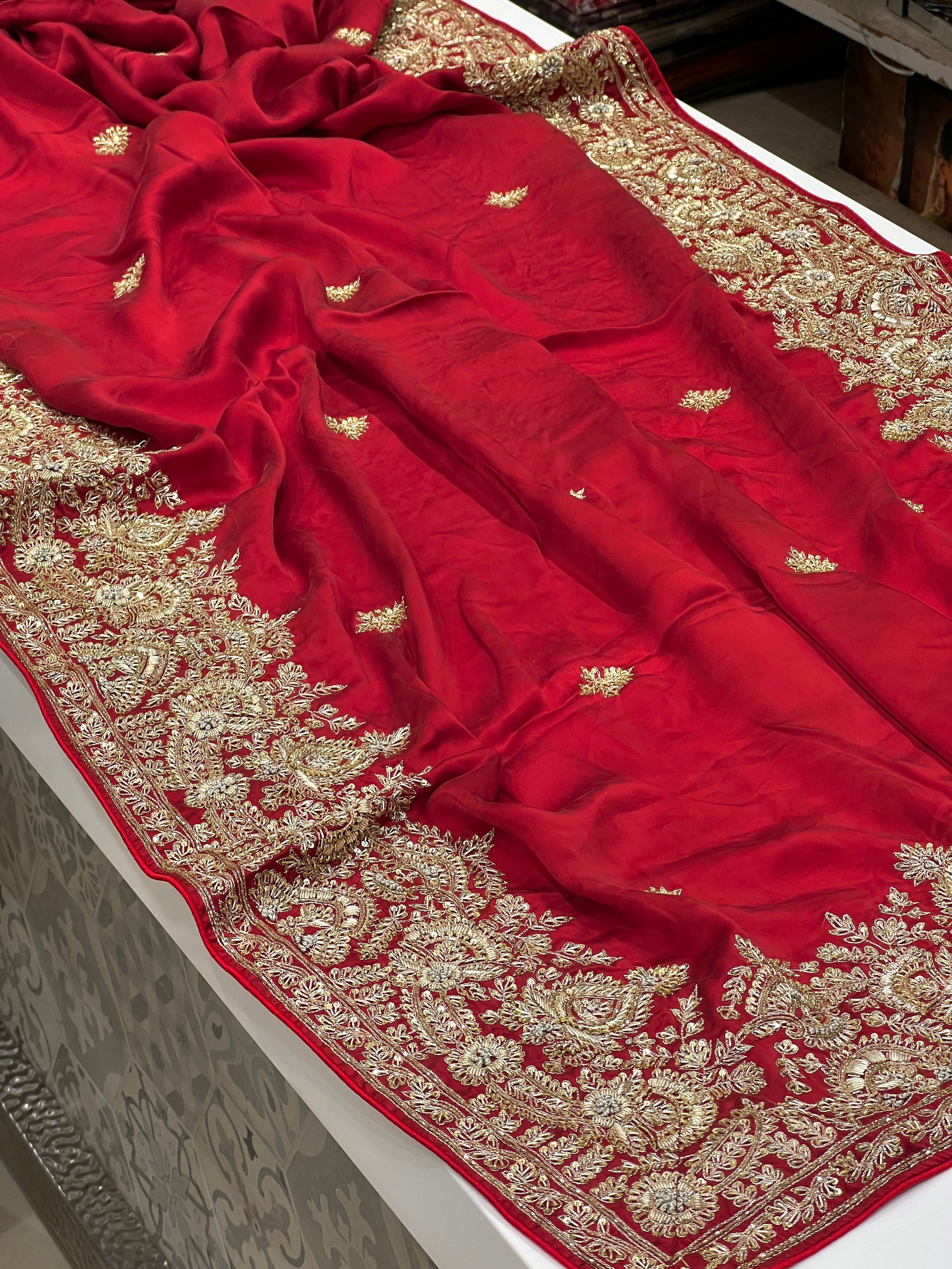 Red Satin Zardosi Hand Embroidery Saree