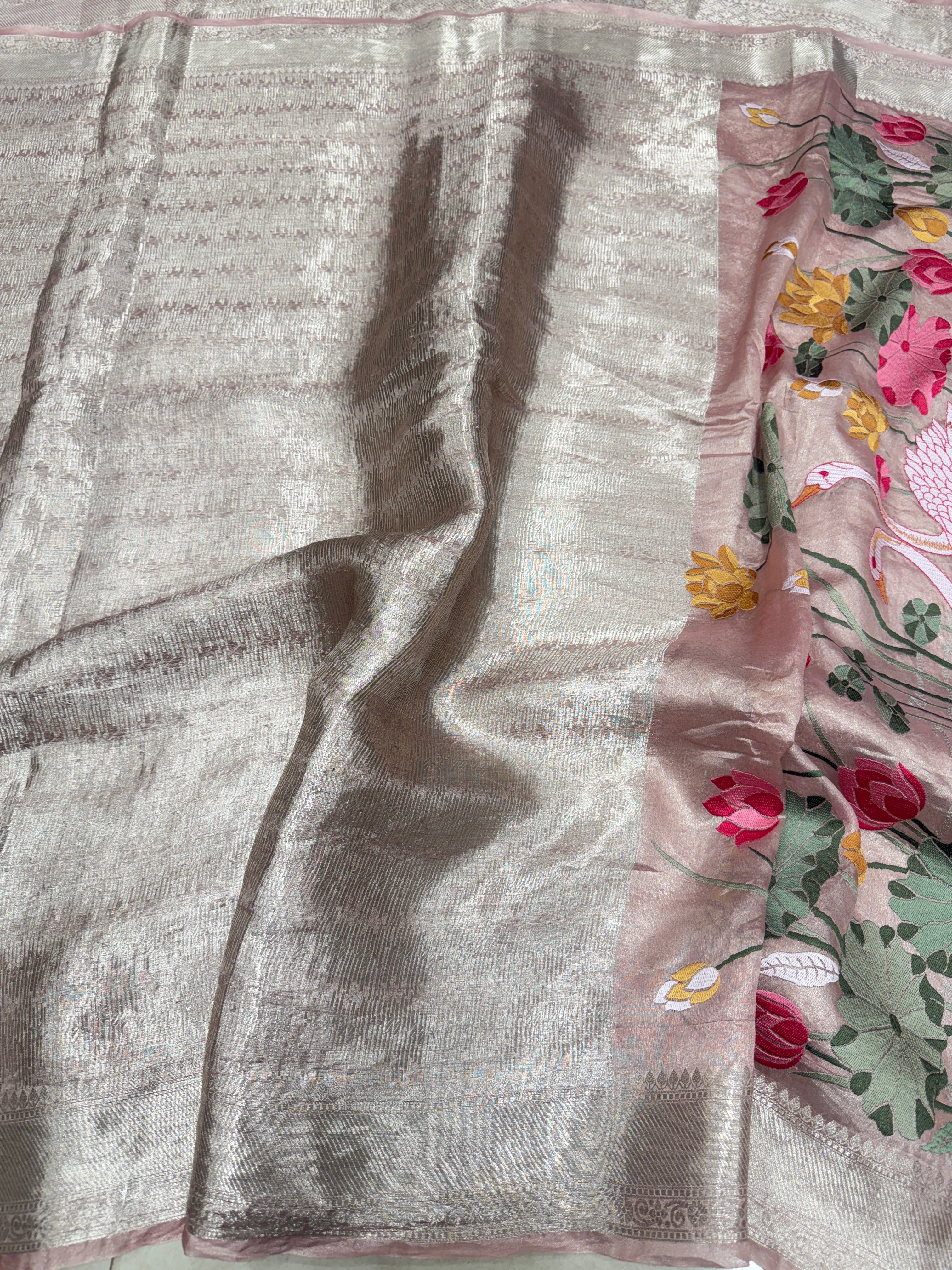 Nude Pink Silver Handloom Tissue Swans Contemporary Resham Embroidery Saree