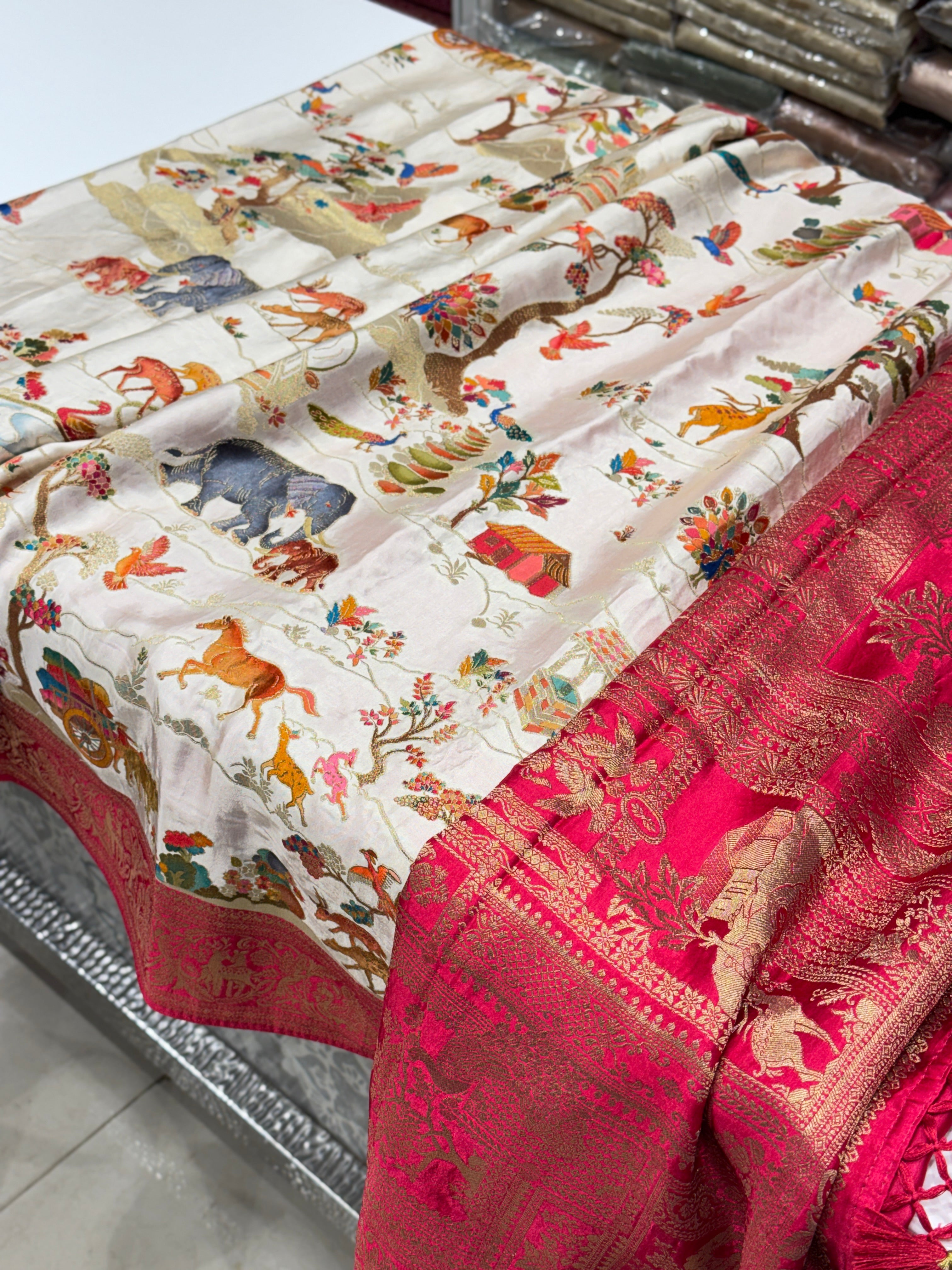 Moti White Modal Shikara Banarasi Saree