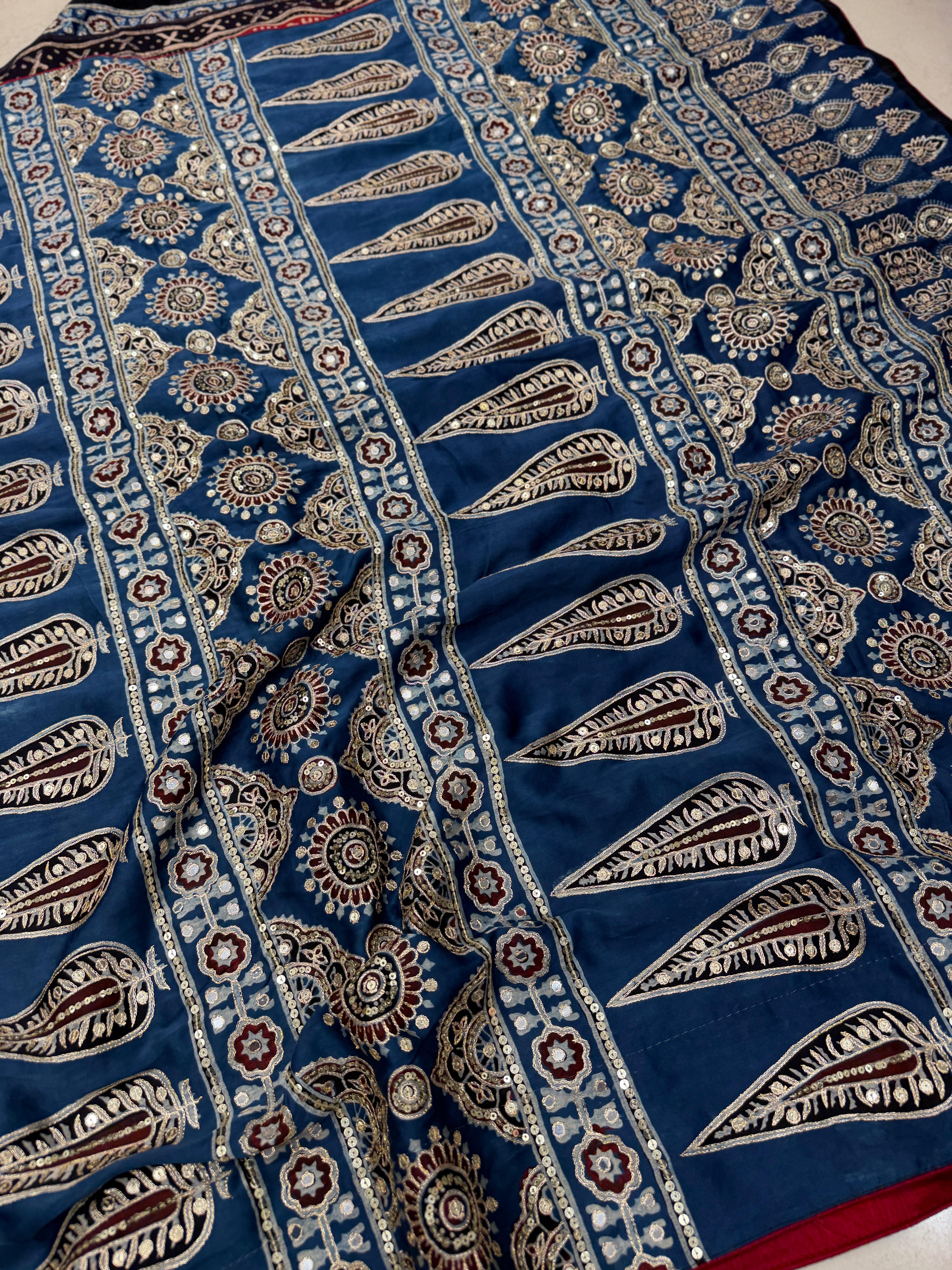 Alia Bhatt Inspired Ajrakh Modal Hand Embroidery Saree