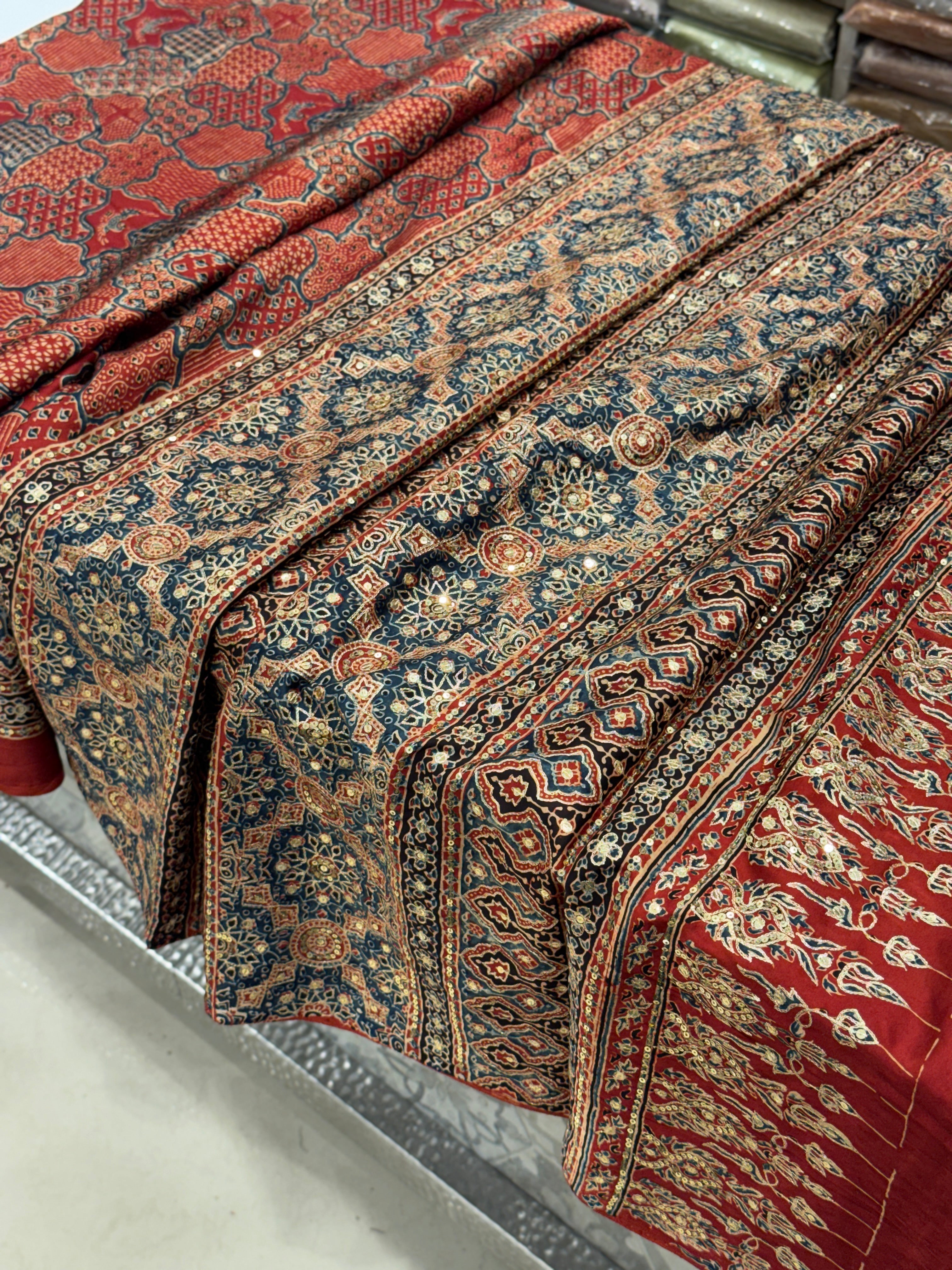 Red Blue Abstract Pita Sequin Ajrakh Hand Embroidery Saree