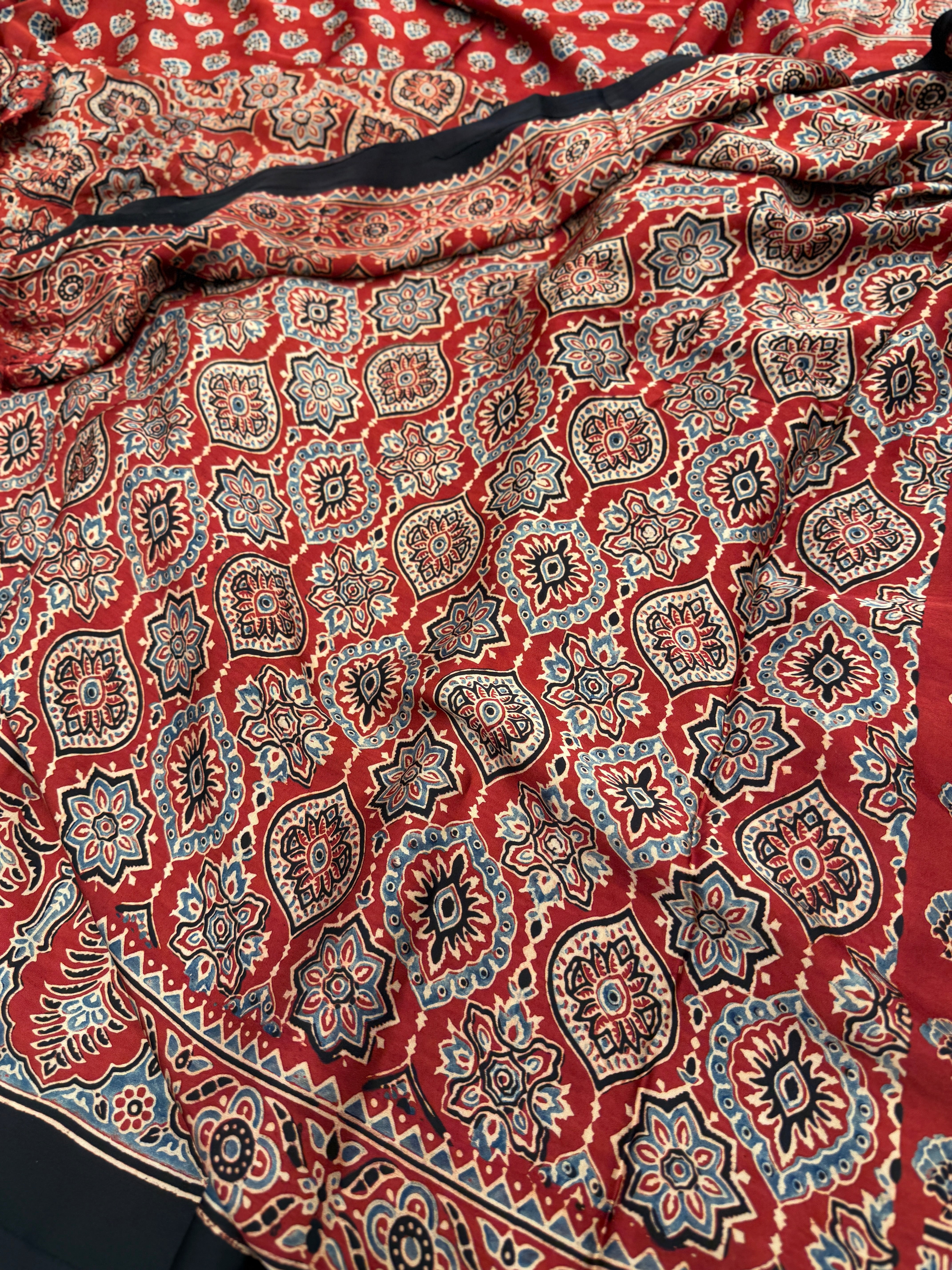 Red Crown Buttis Border Ajrakh Modal Gajji Silk Saree