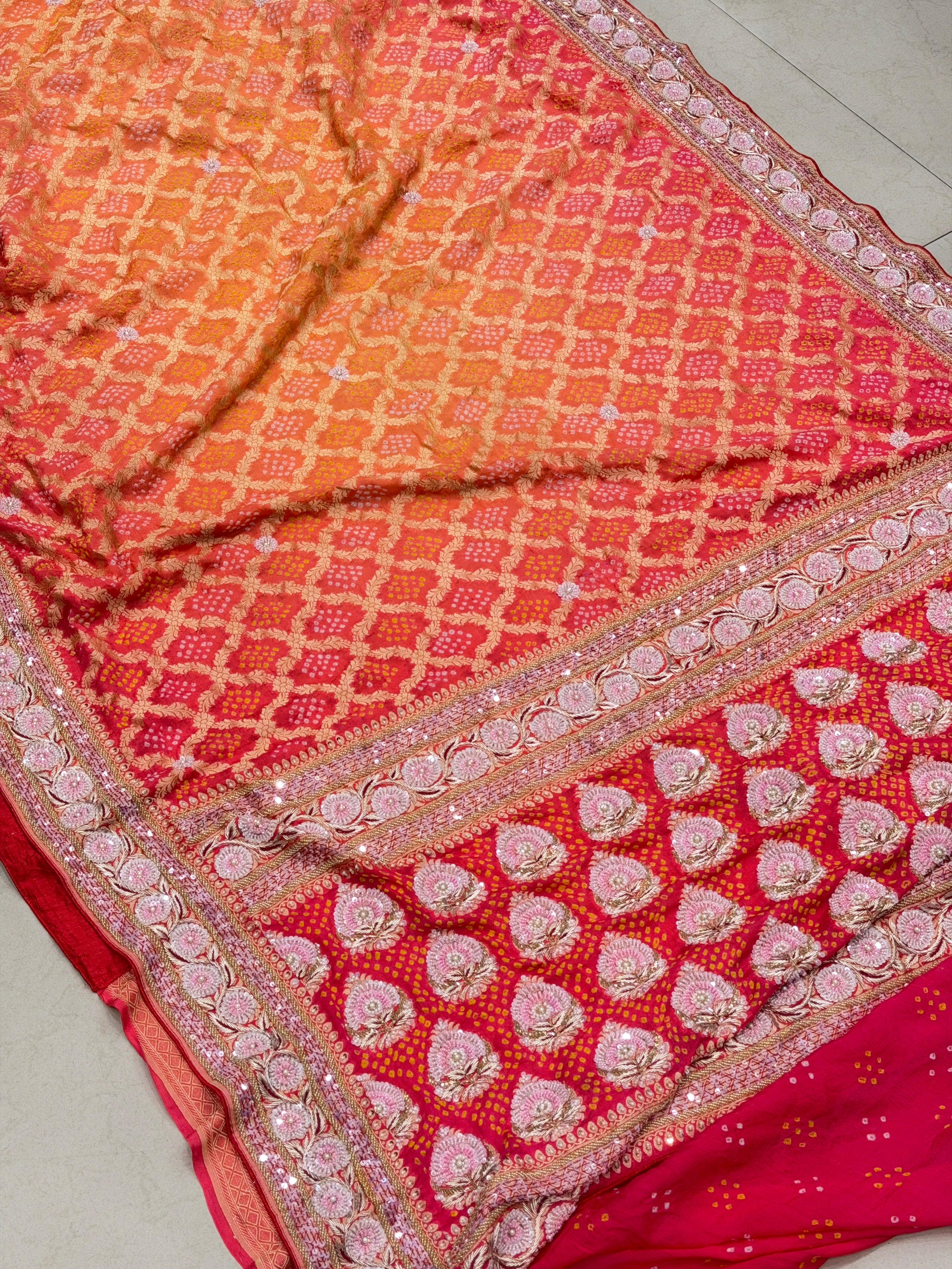 Shaded Peach Orange Bandhej Hand Embroidery Saree