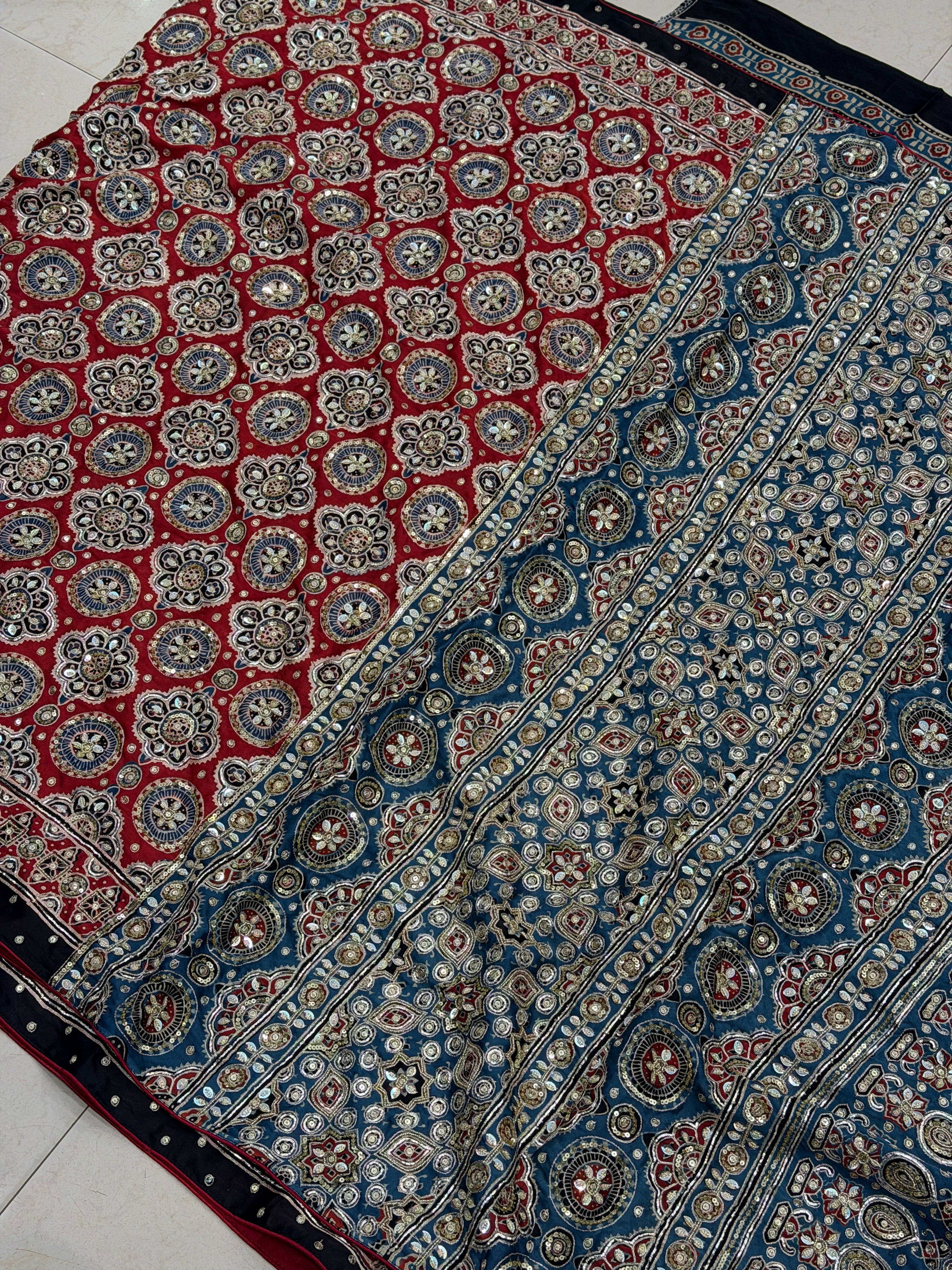 Red Blue Jaal Pita Sequin Ajrakh Hand Embroidery Saree