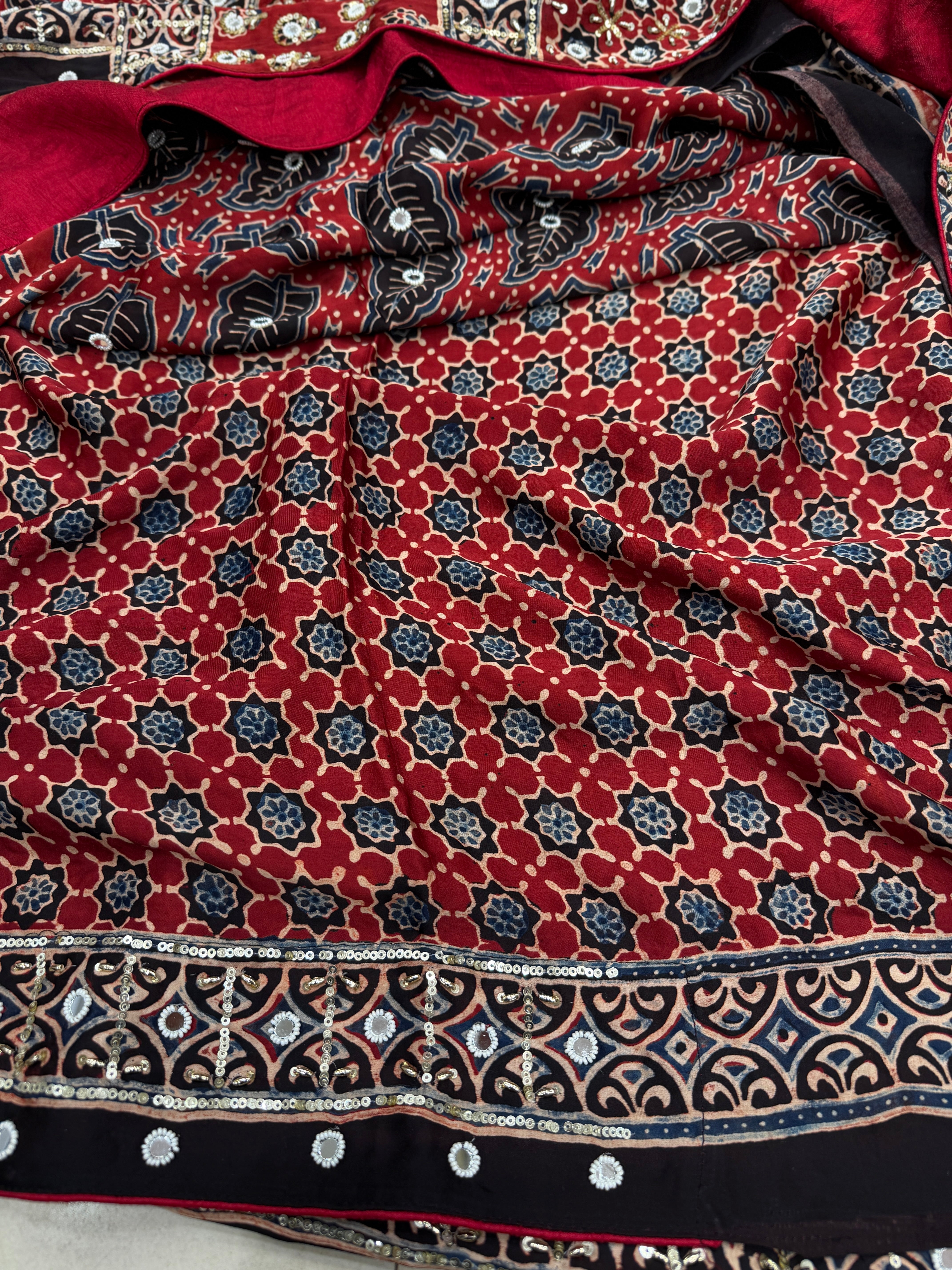 Red Leaf Buttas Ajrakh Real Mirror Moti Sequin Hand Embroidery Saree