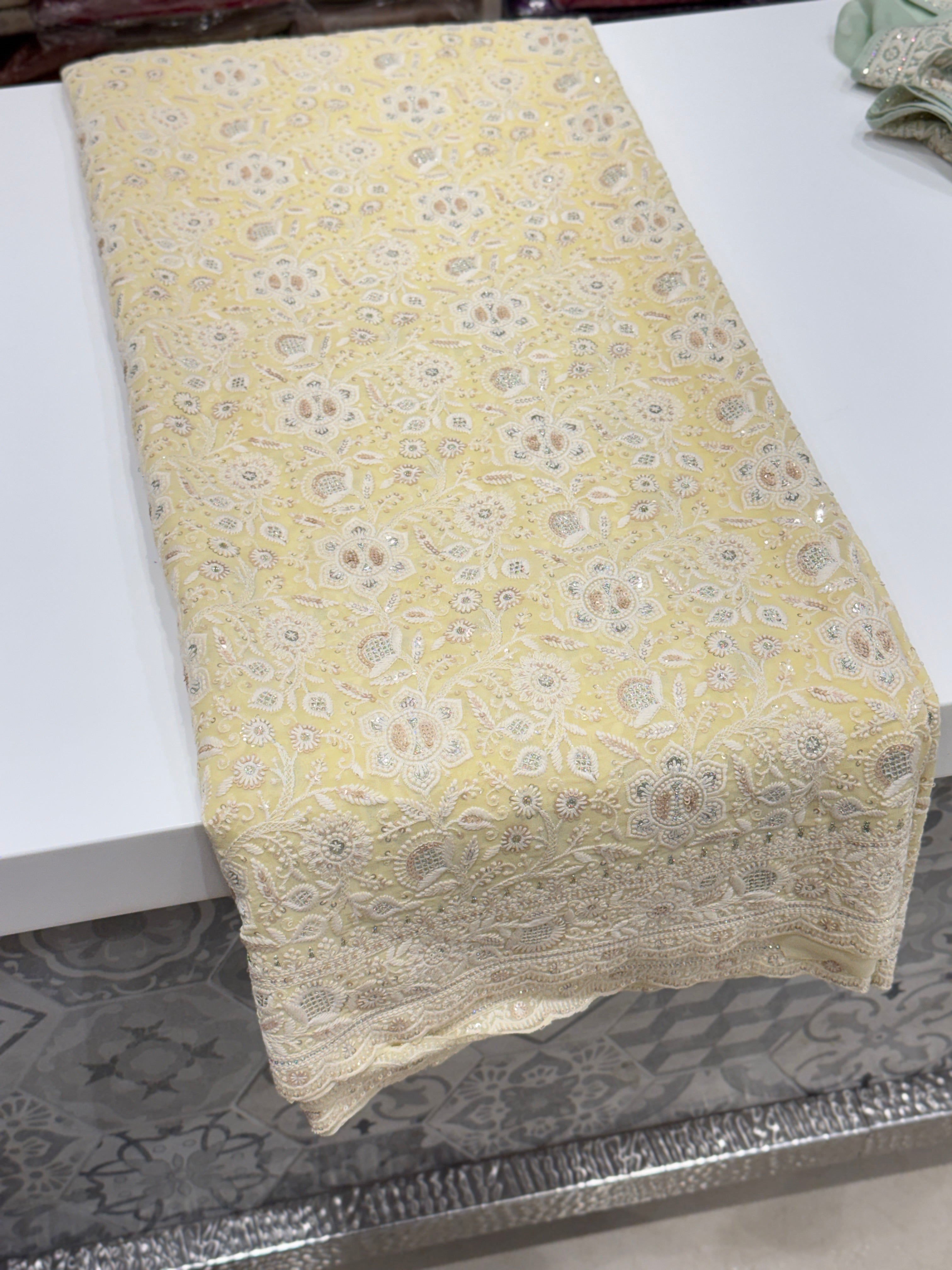 Yellow Chikankari Small Scallop Design Saree