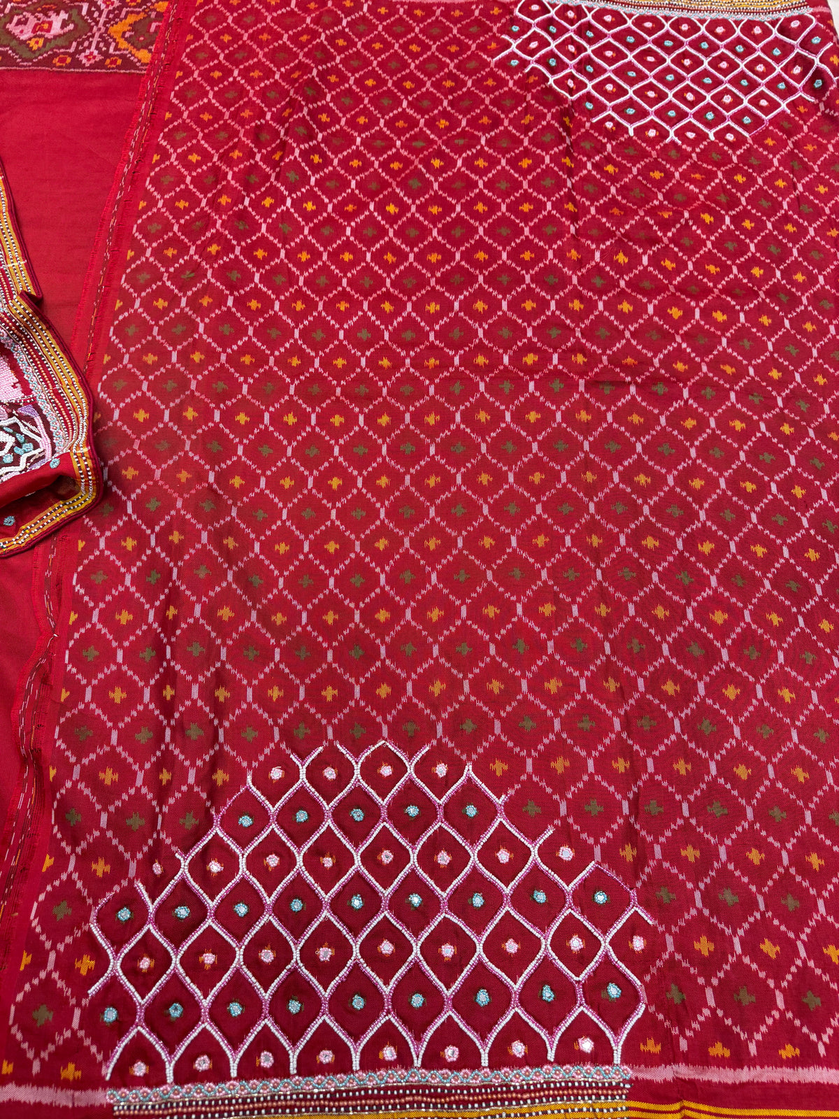 Red Pure Silk Patan Patola Hand Embroidery Kidiya Moti Saree