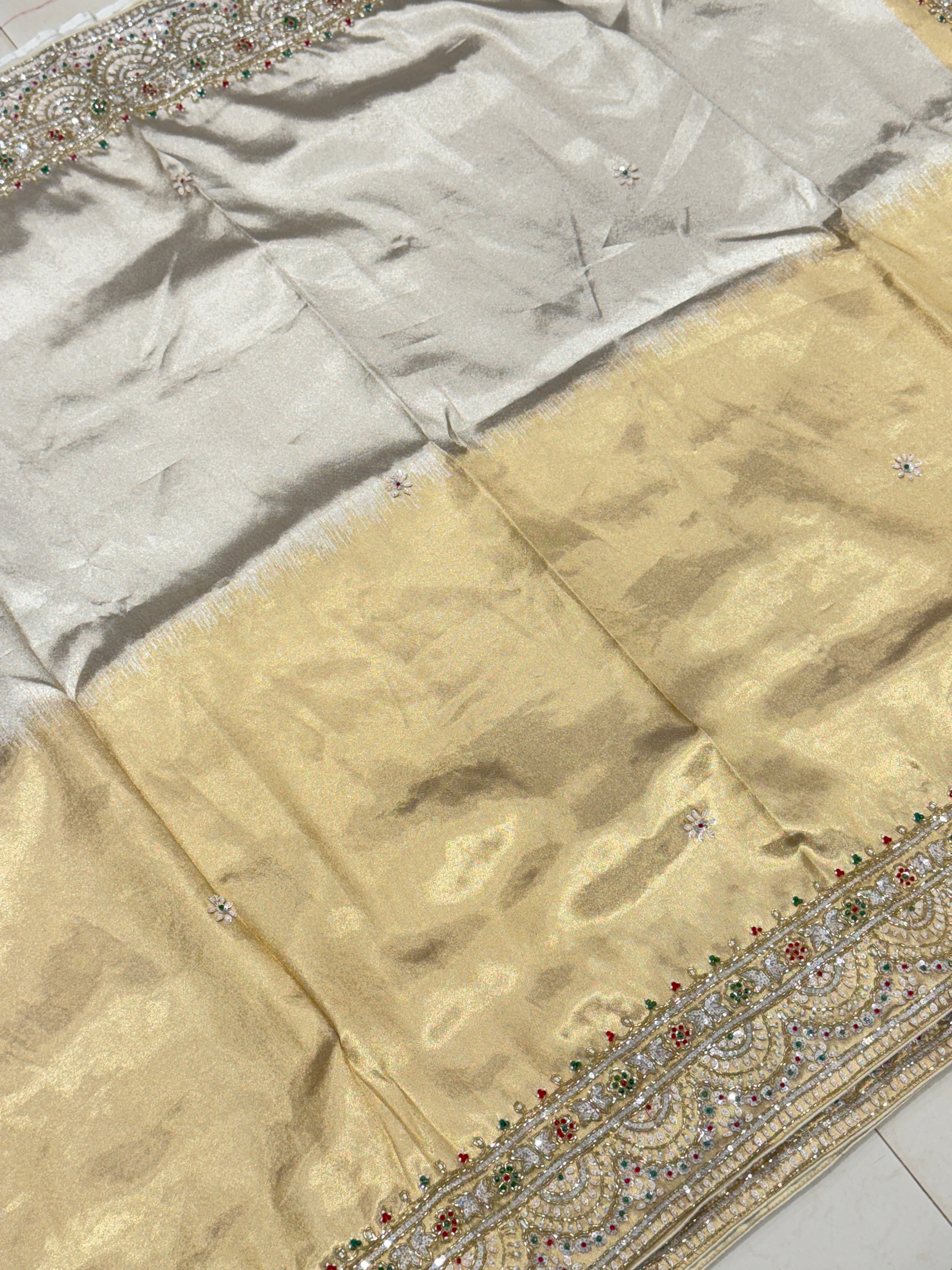 Silver Golden Alia Bhatt Inspired Tissue Embroidery Saree