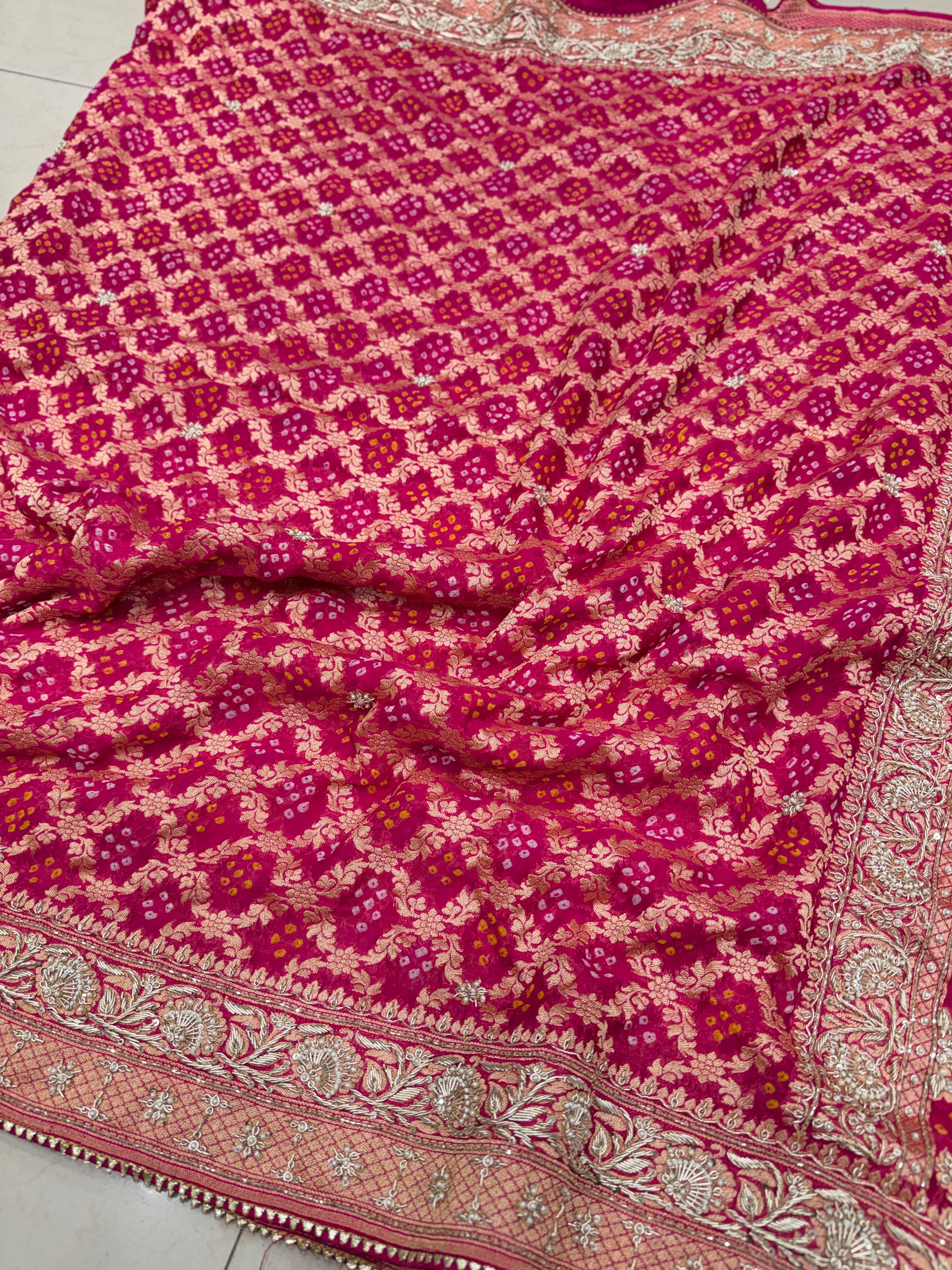 Rani Bandhej Zardosi Hand Embroidery Saree