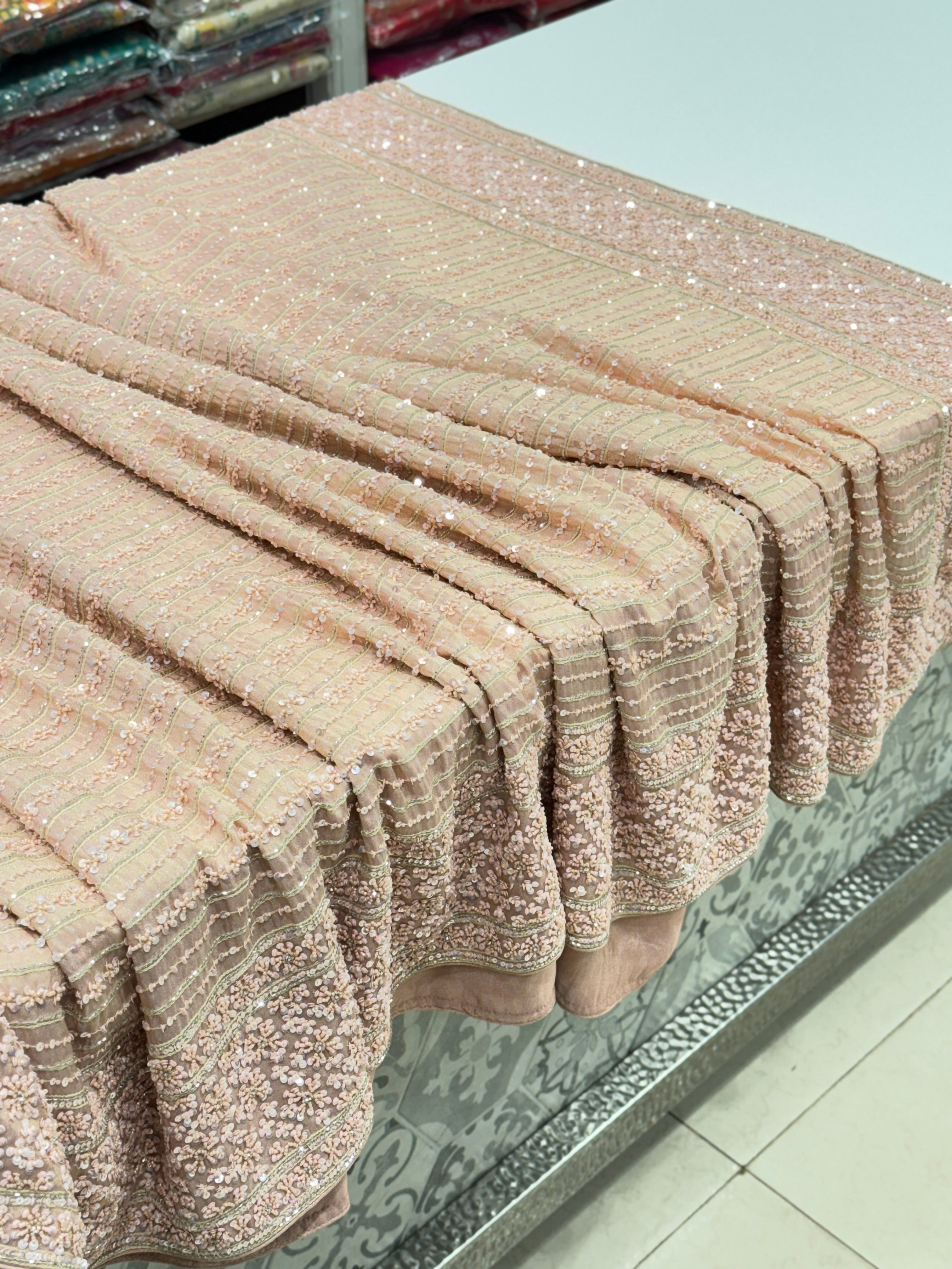 Pink Crepe Tissue Sequin Curdana Hand Embroidery Saree