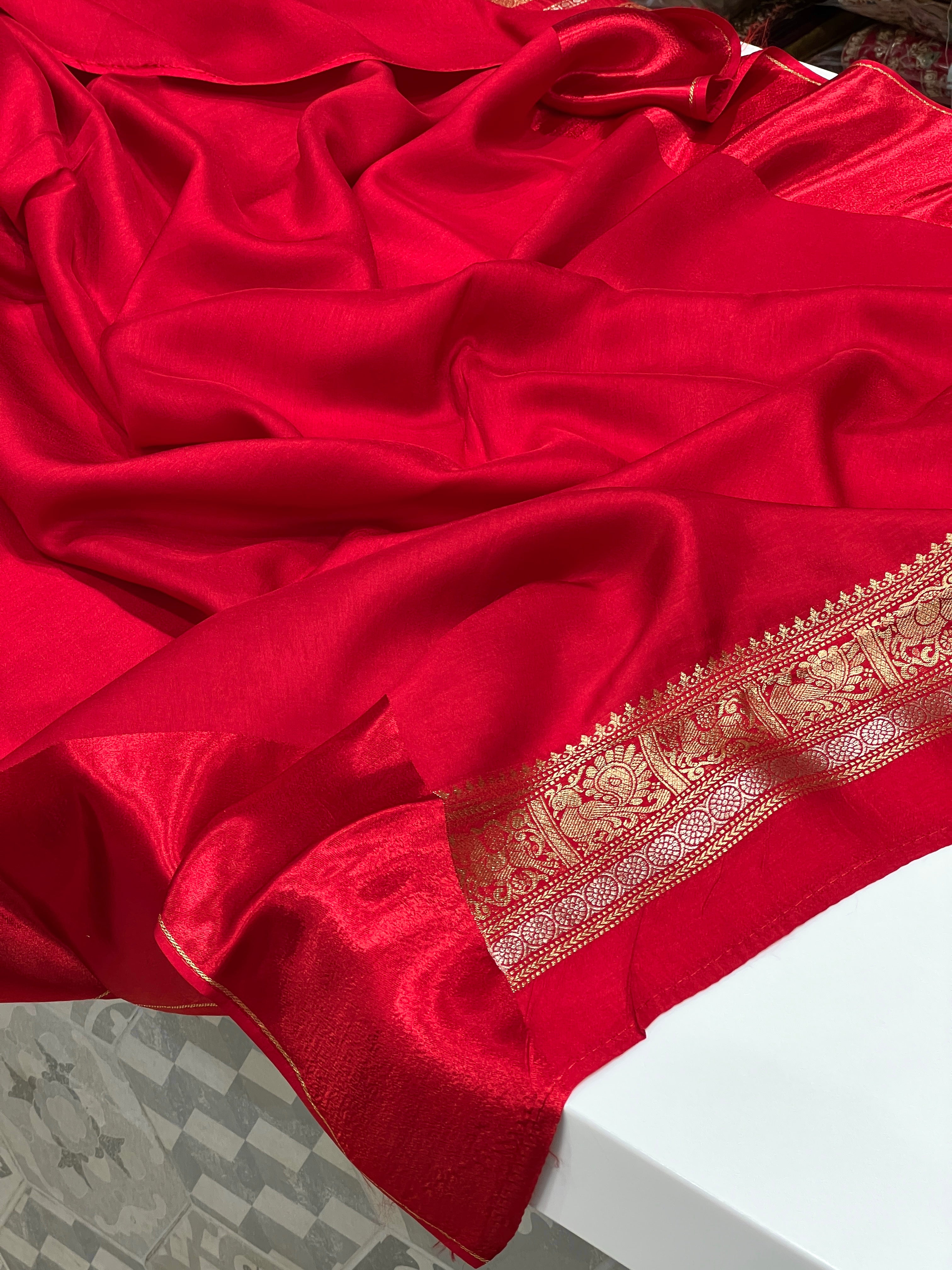 Red Nita Ambani Inspired Banarasi Contemporary Saree