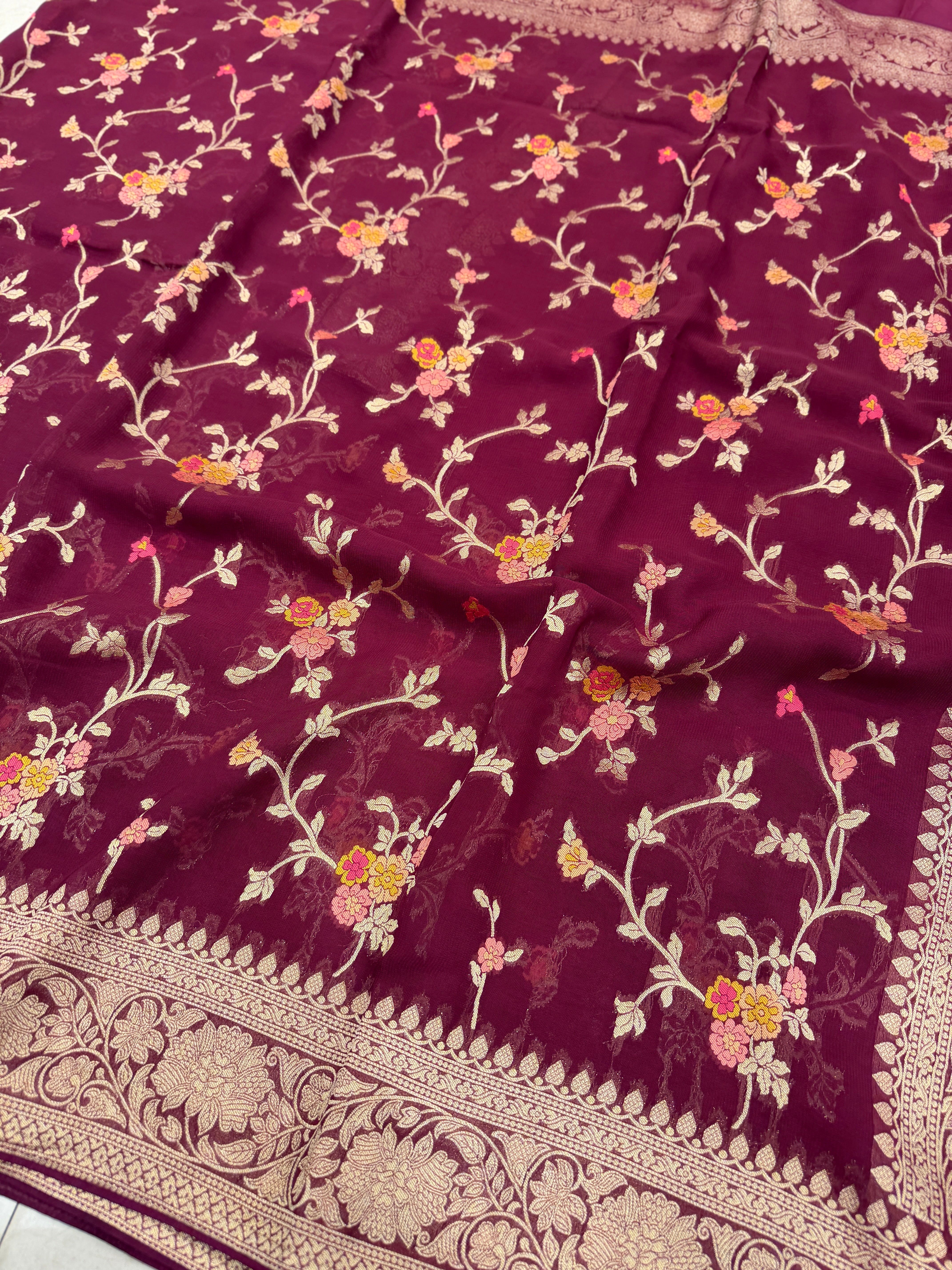 Wine Meenakari Banarasi Khaddi Georgette Jaal Saree