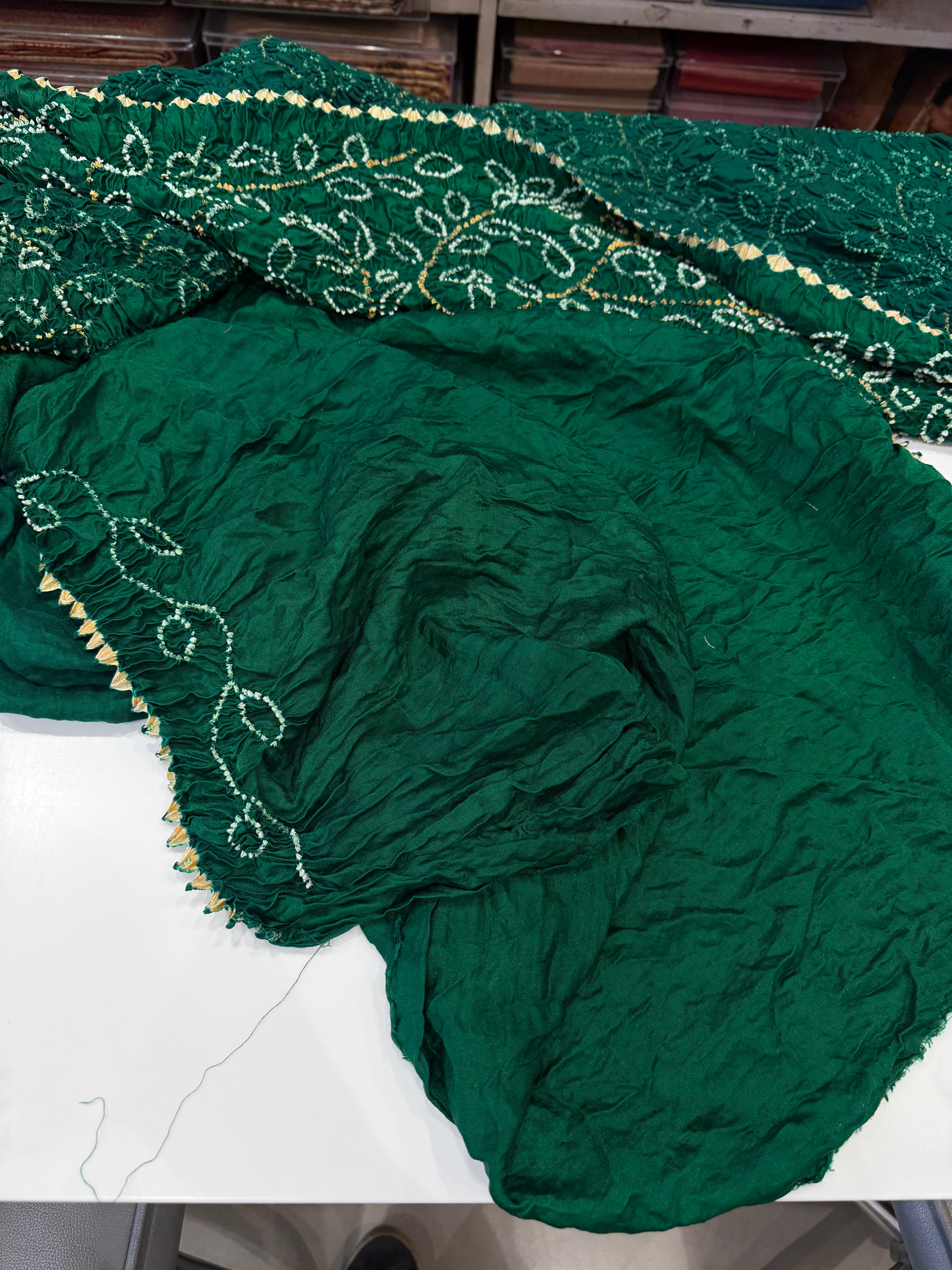 Bottle Green Ambadal Pure Gajji Silk Rai Bandhej Hand Made Saree
